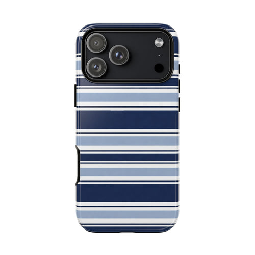 Blue and white striped phone case with camera bar cutout