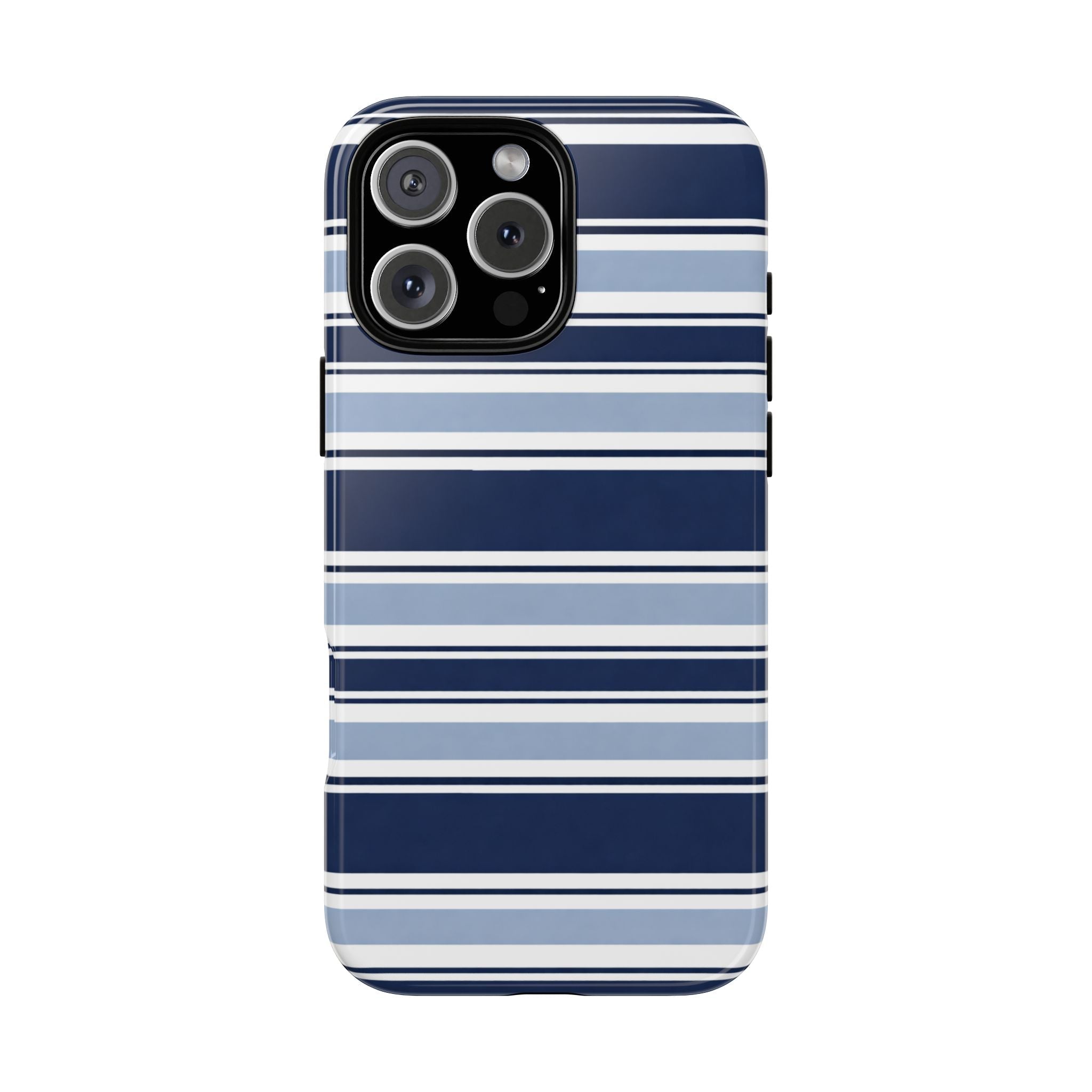 Blue and white striped phone case with camera cutouts