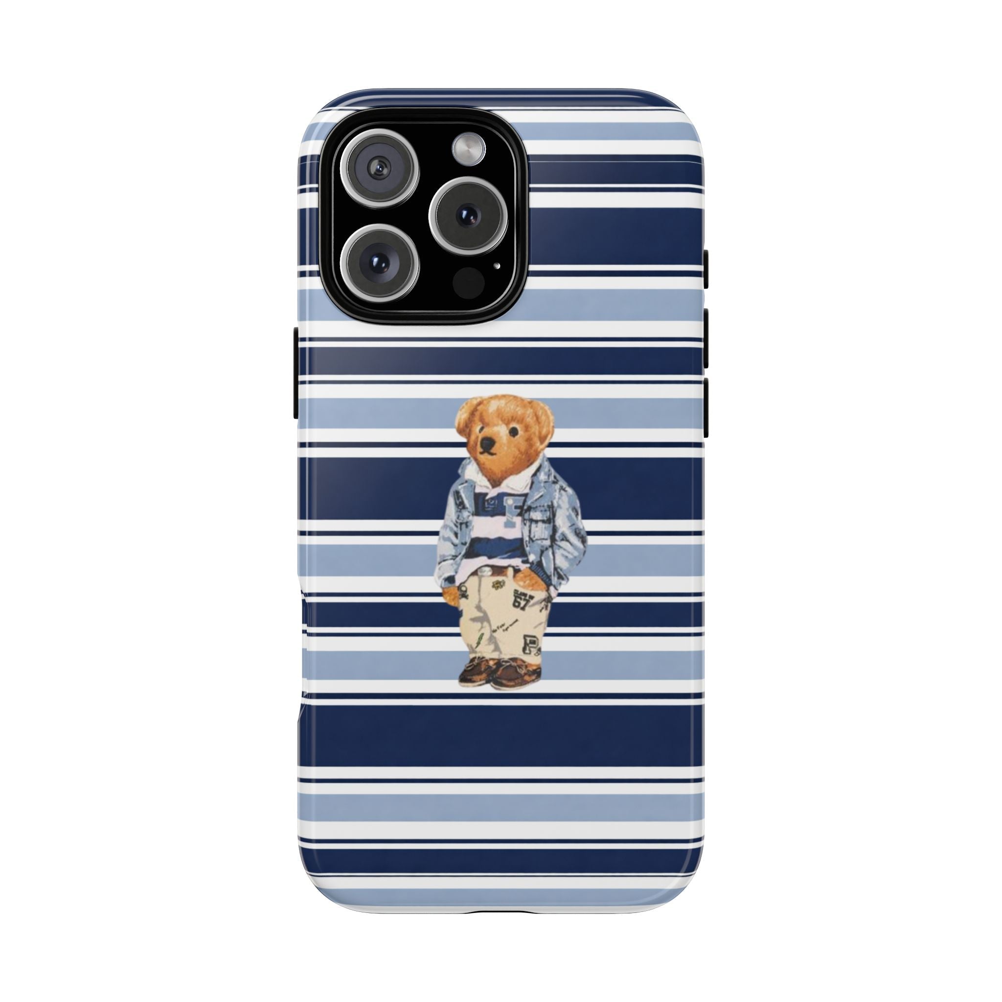 Ocean blue and white striped phone case with cartoon teddy bear in jacket