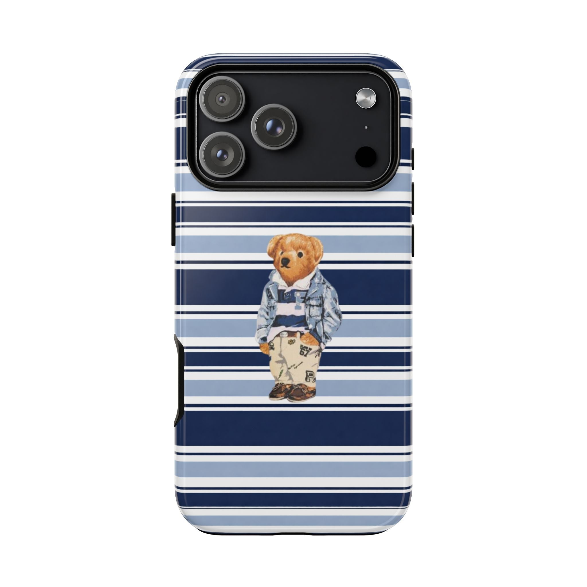 Phone case with blue-and-white horizontal stripes and teddy bear graphic at center