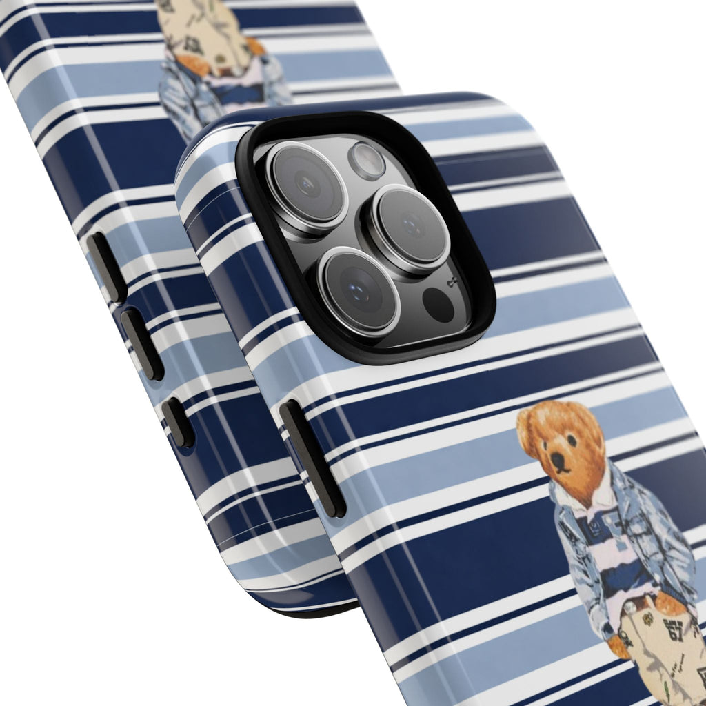 Blue-and-white striped phone case, teddy bear character near side with camera cutouts