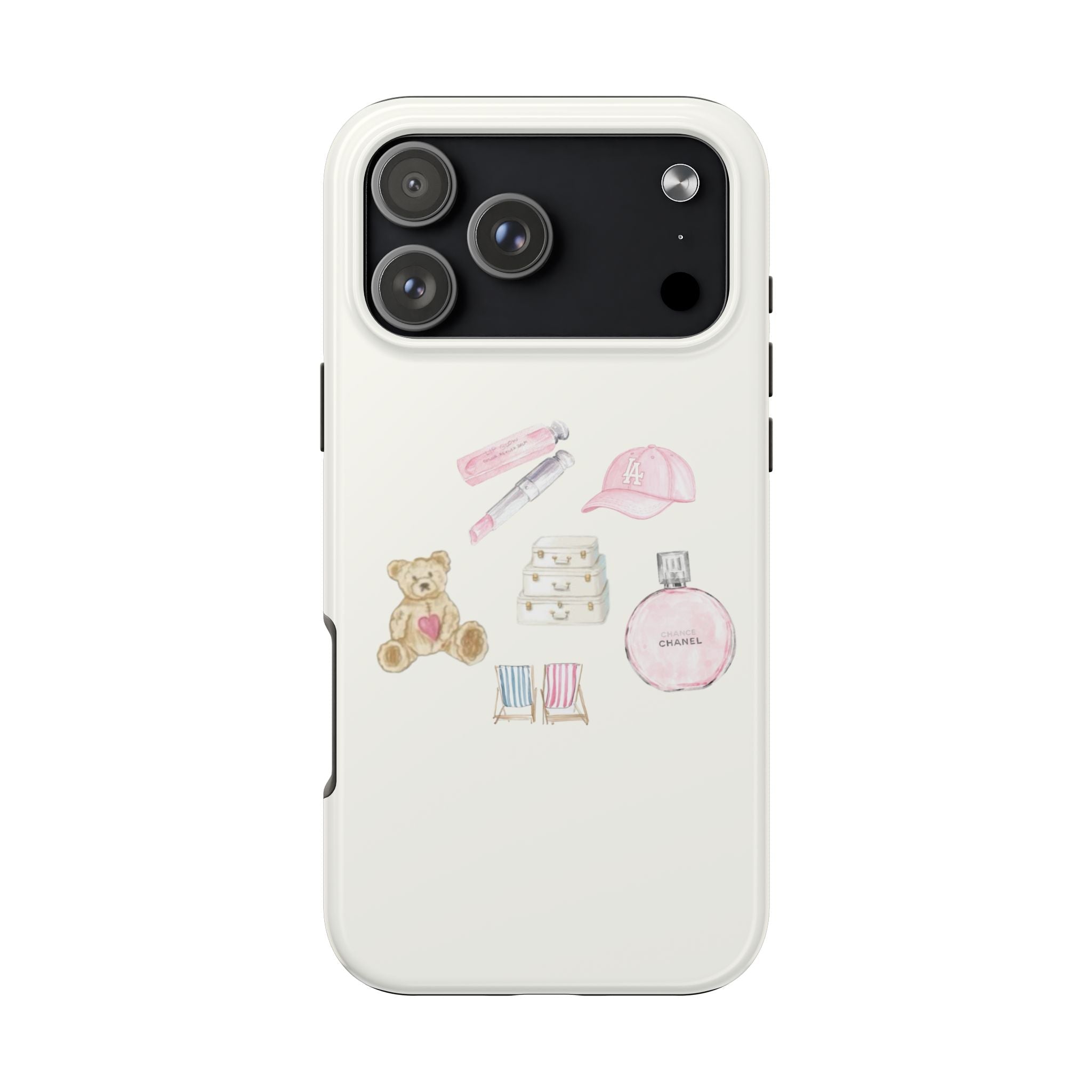 Off-white phone case back with camera cutout; teddy bear, hat, perfume and accessory collage
