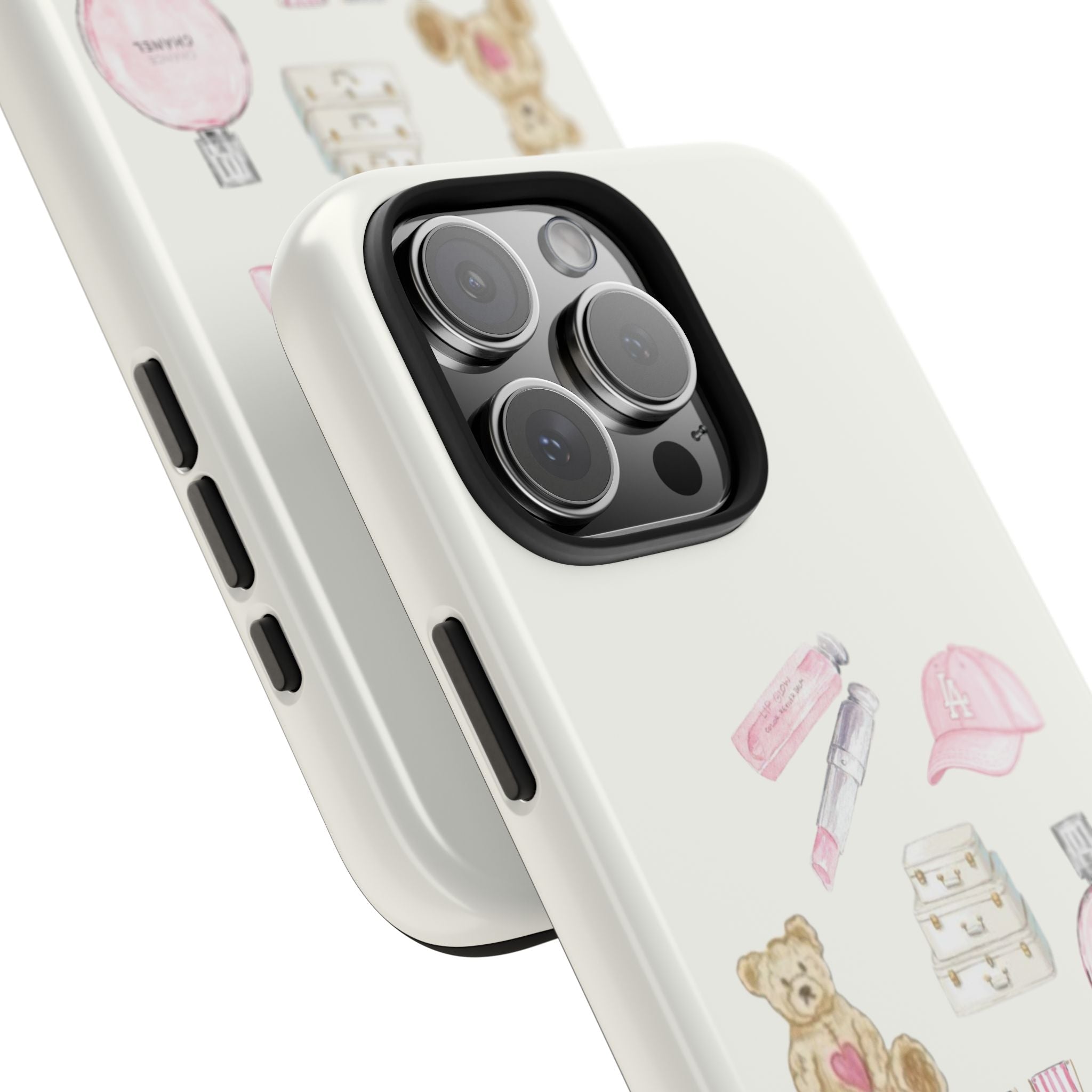 Off-white phone case side view with raised camera lenses and pink accessory/teddy bear collage