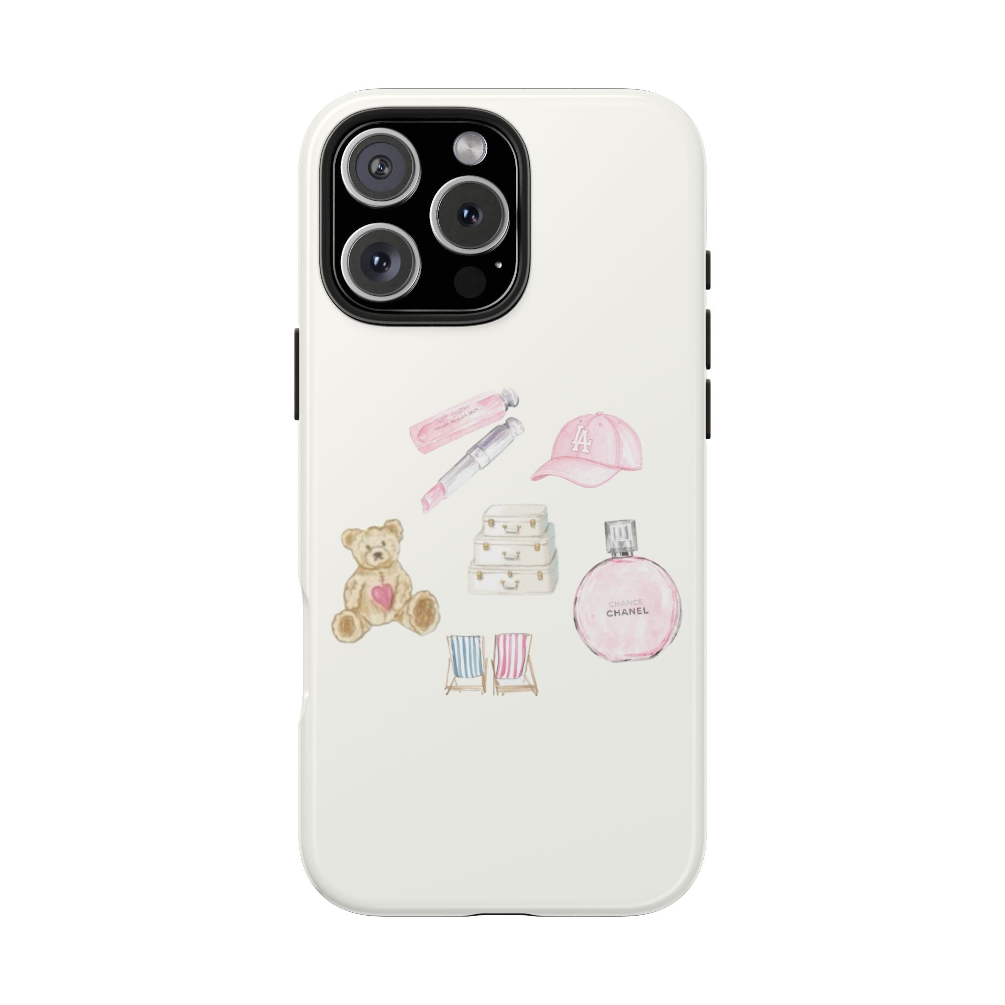 Off-white phone case with cute collage: teddy bear, pink hat, perfume bottle and accessories