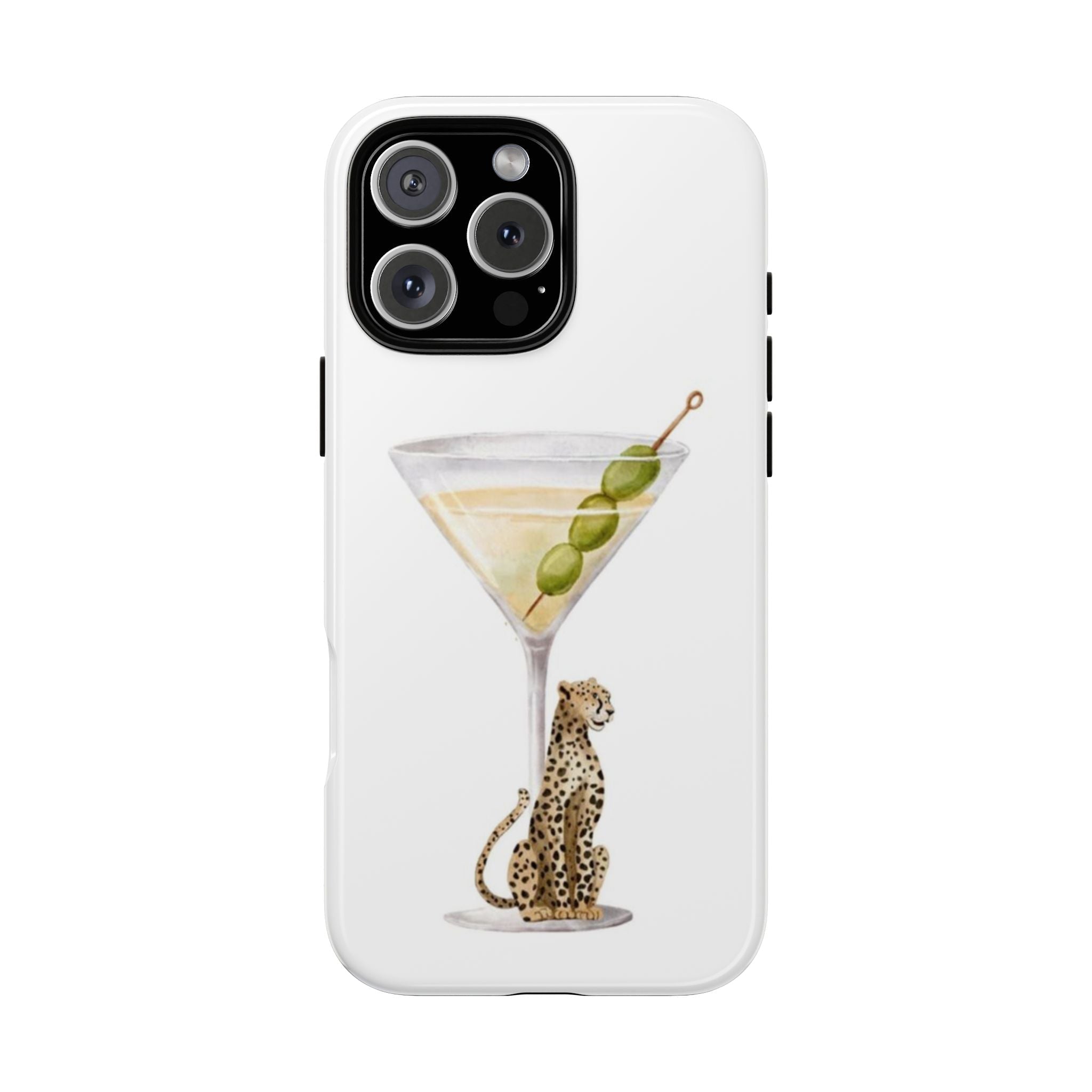White phone case with martini glass and leopard cat illustration