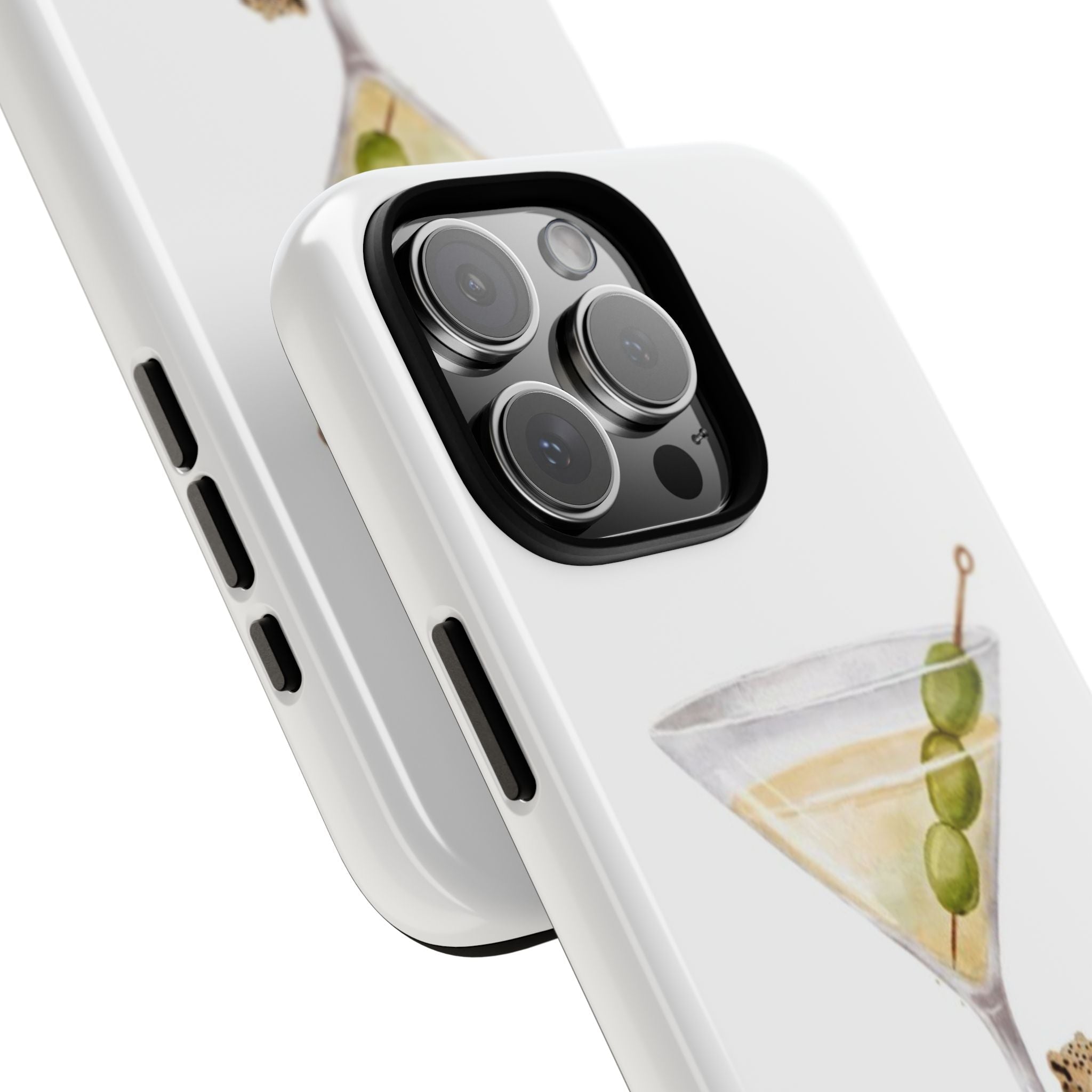 Angled close-up of white phone case with martini-leopard graphic and camera lens cutouts