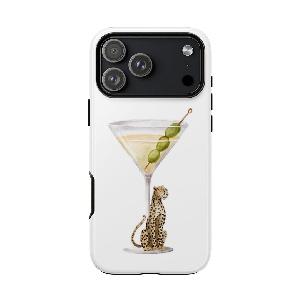 White phone case with martini glass and leopard cat, camera cutouts visible