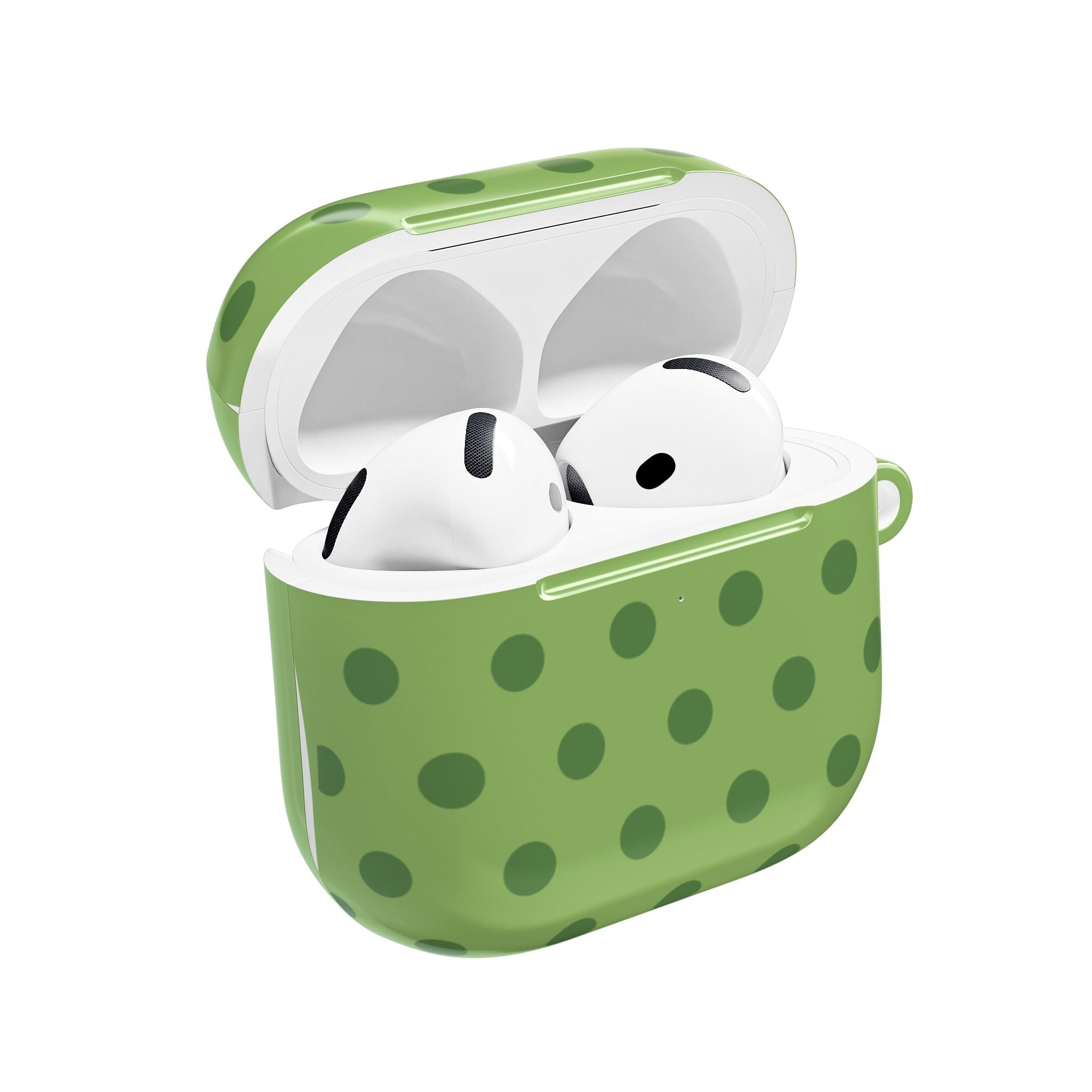 Olive AirPods case with dark green polka dots, open view showing earbuds