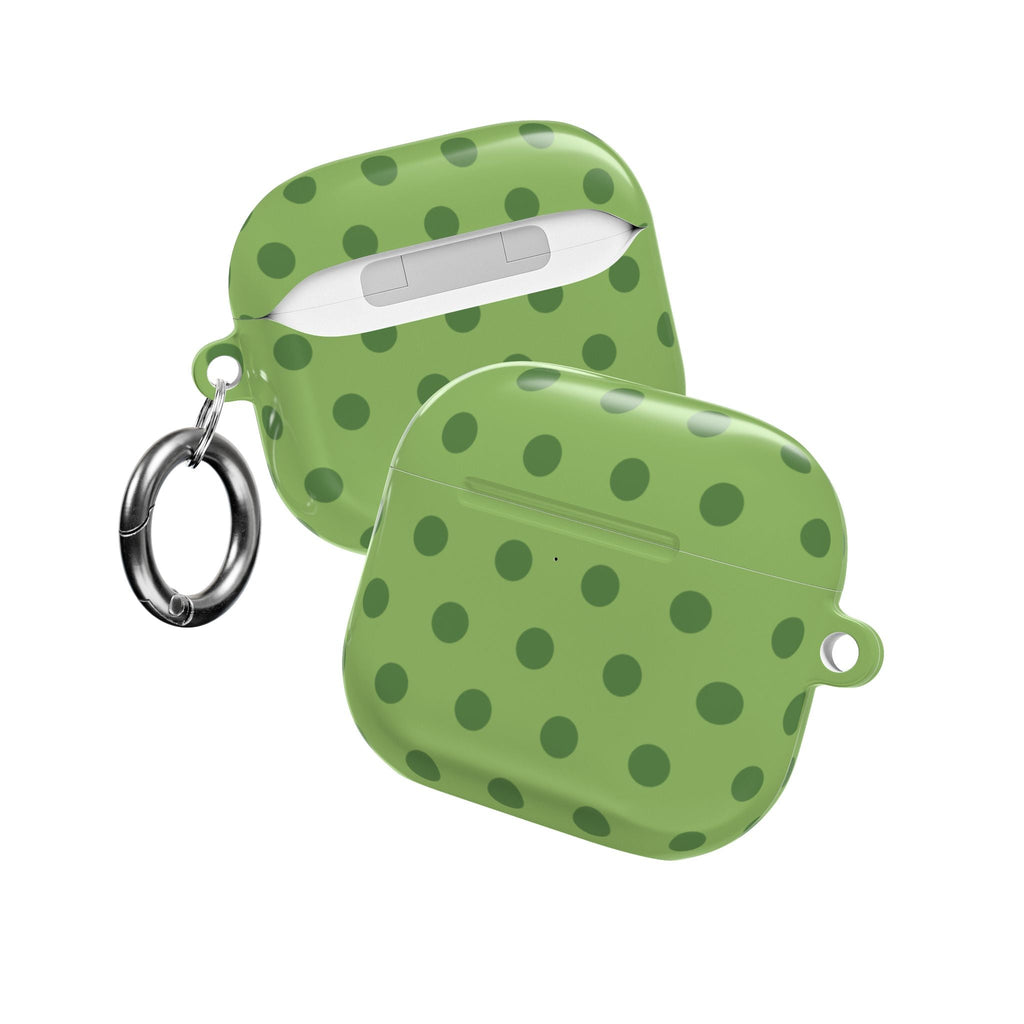 Olive polka dot AirPods case halves shown with metal key rings