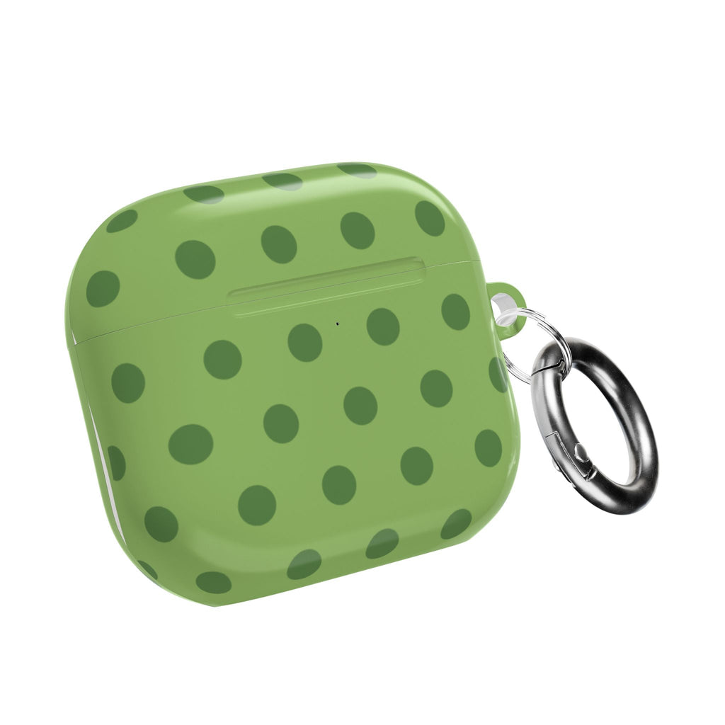 Olive AirPods case with dark green polka dots, closed lid with metal key ring