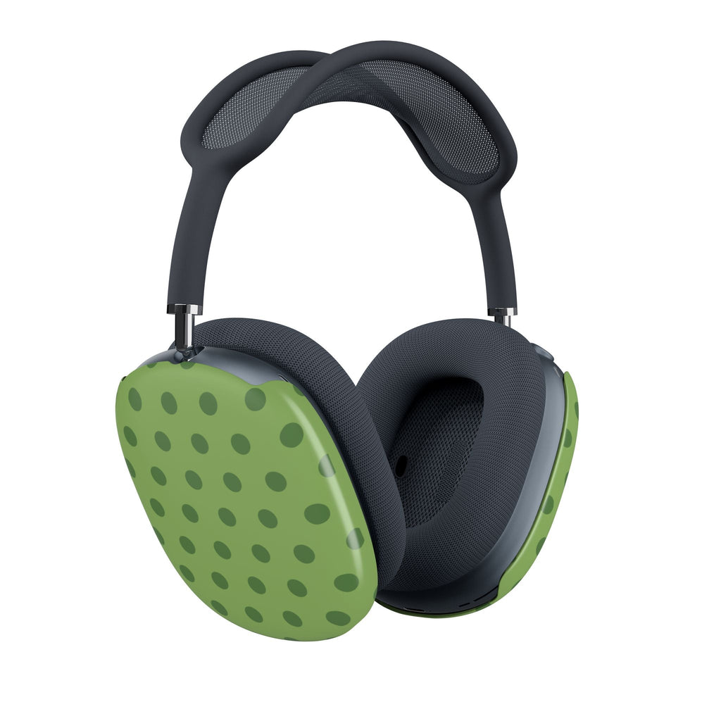 AirPods Max ear cup covers, olive green dot pattern, side view with dark headband