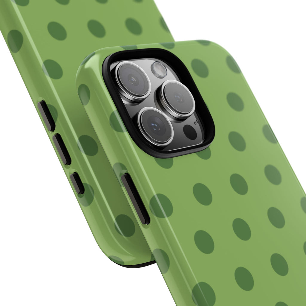 Olive polka dot phone case angled view with camera lenses and side button cutouts