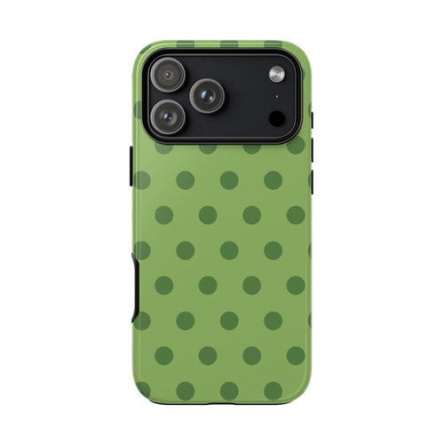 Olive polka dot phone case back view, raised camera frame and cutouts
