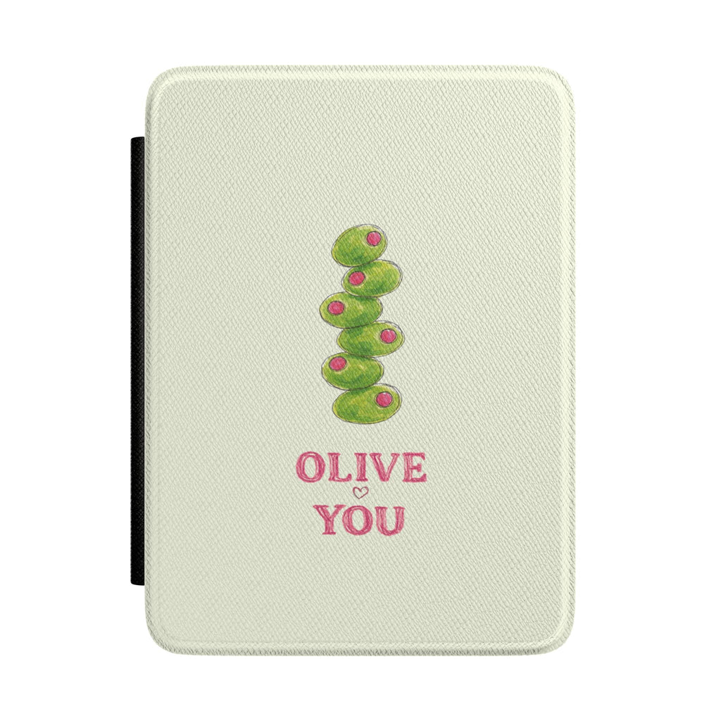 Olive You Kindle hardcover case in off-white with green olive graphic and red text