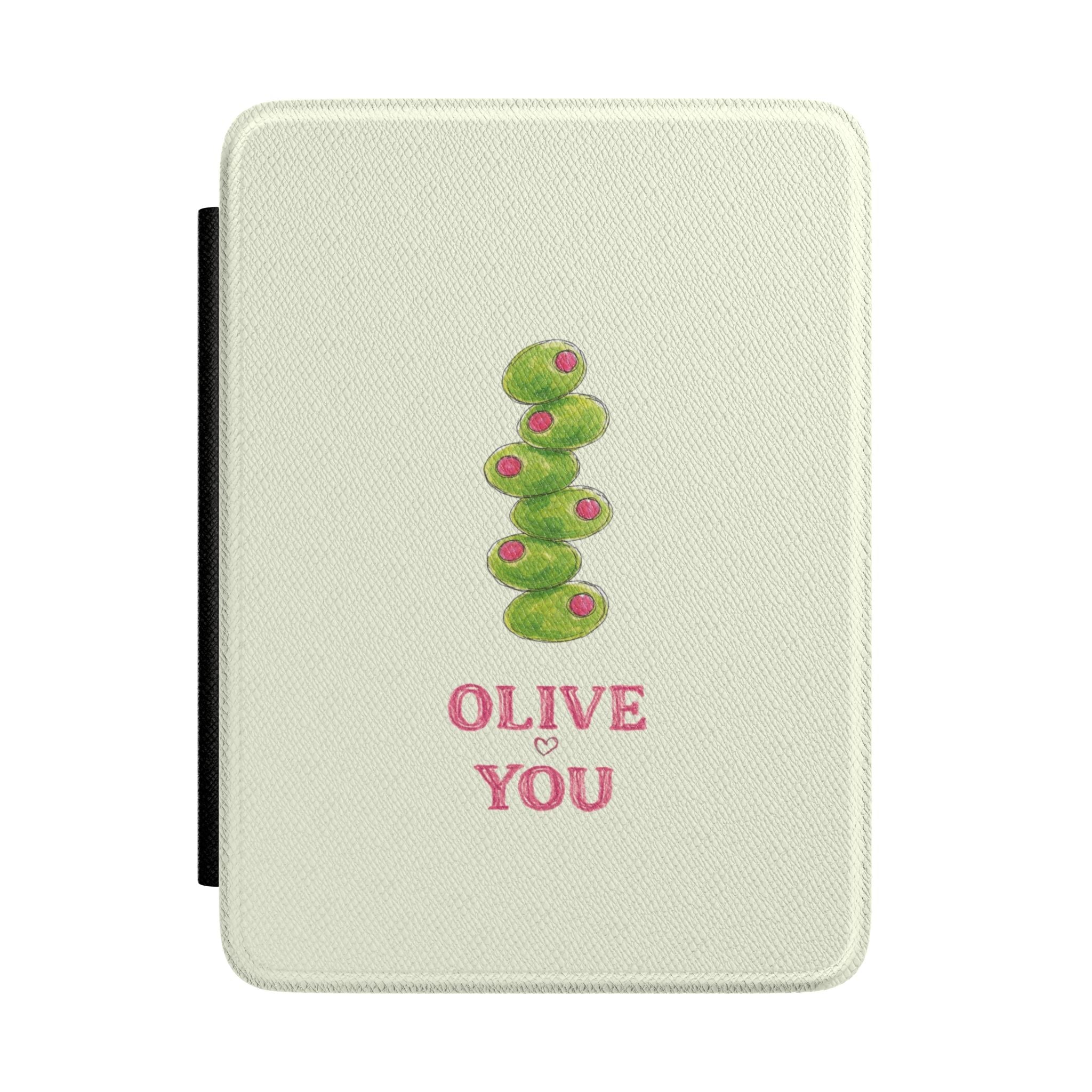 Olive You Kindle hardcover case in off-white with green olive graphic and red text