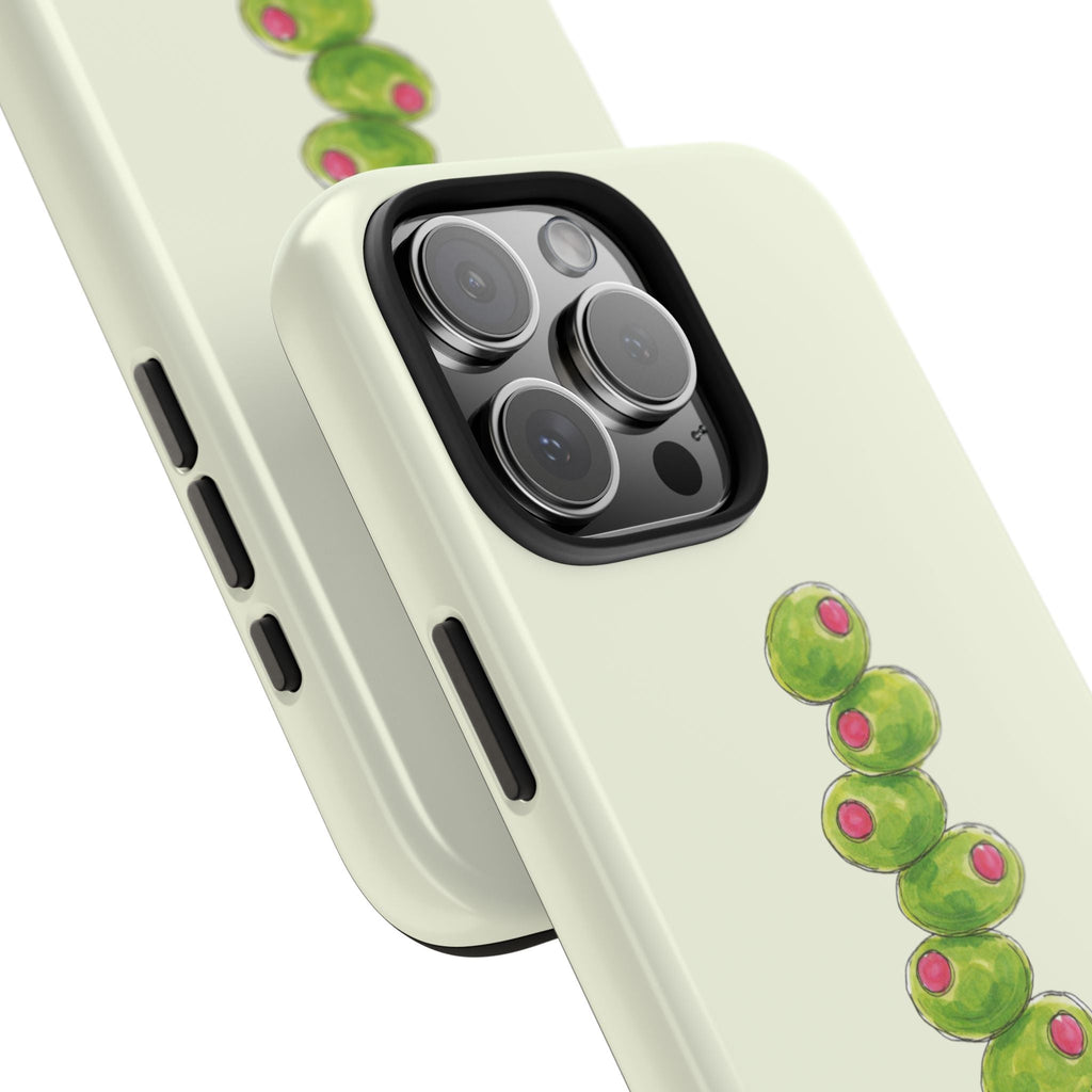 Cream phone case close-up: black camera cutout with green olive illustration