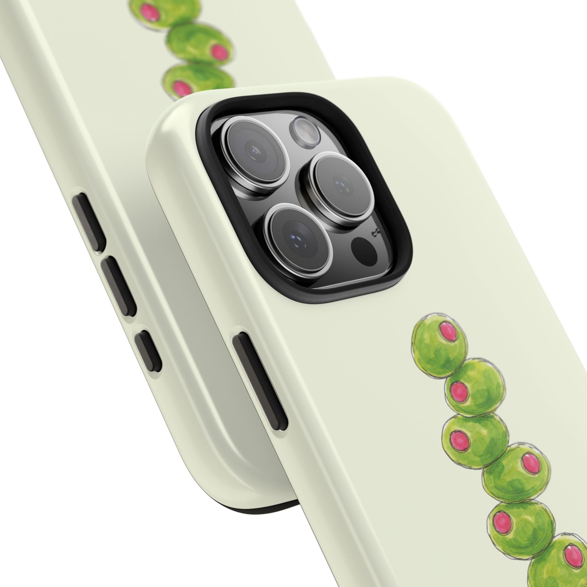 Cream phone case close-up: black camera cutout with green olive illustration