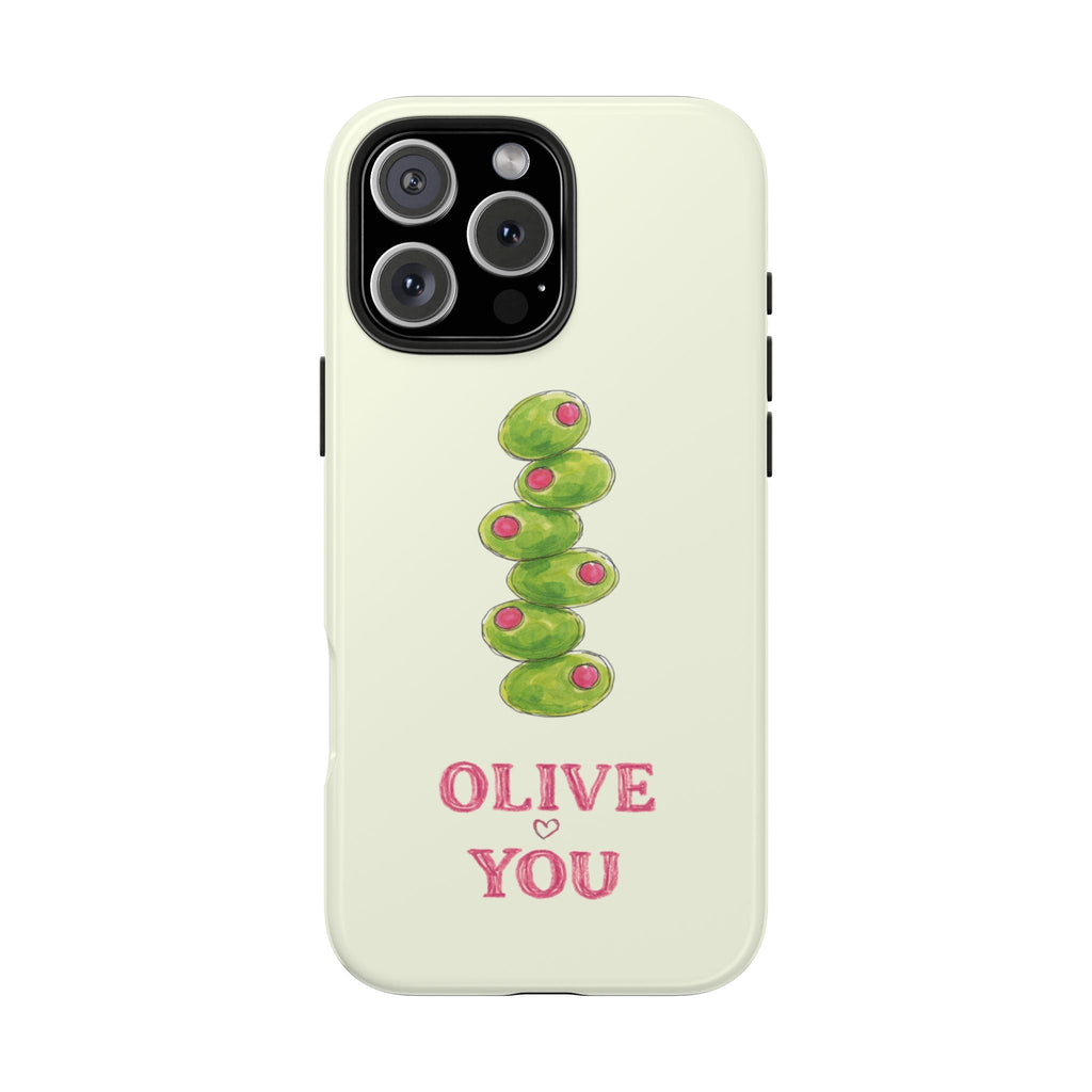 Cream phone case with green olive design and pink 'OLIVE YOU' on front, black camera area