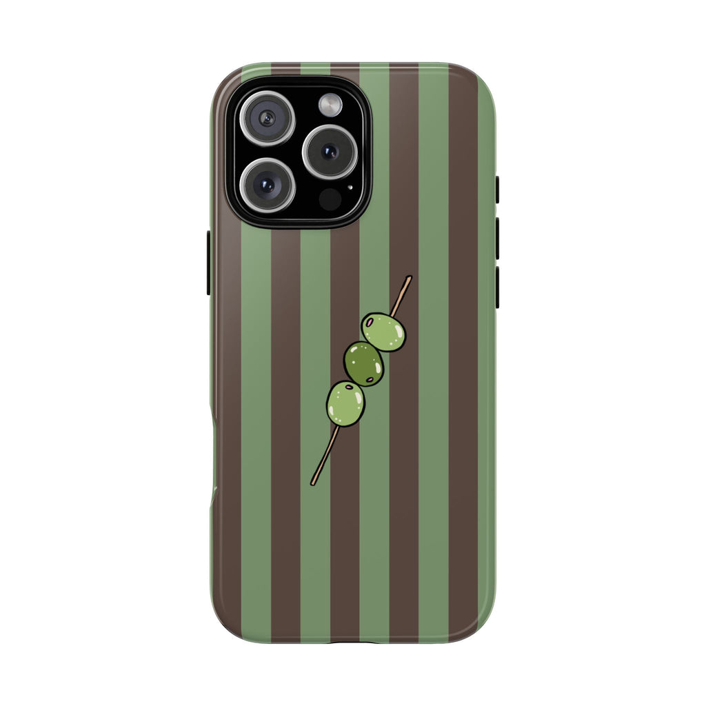 Olives phone case with green olive illustration and vertical olive-and-brown stripes