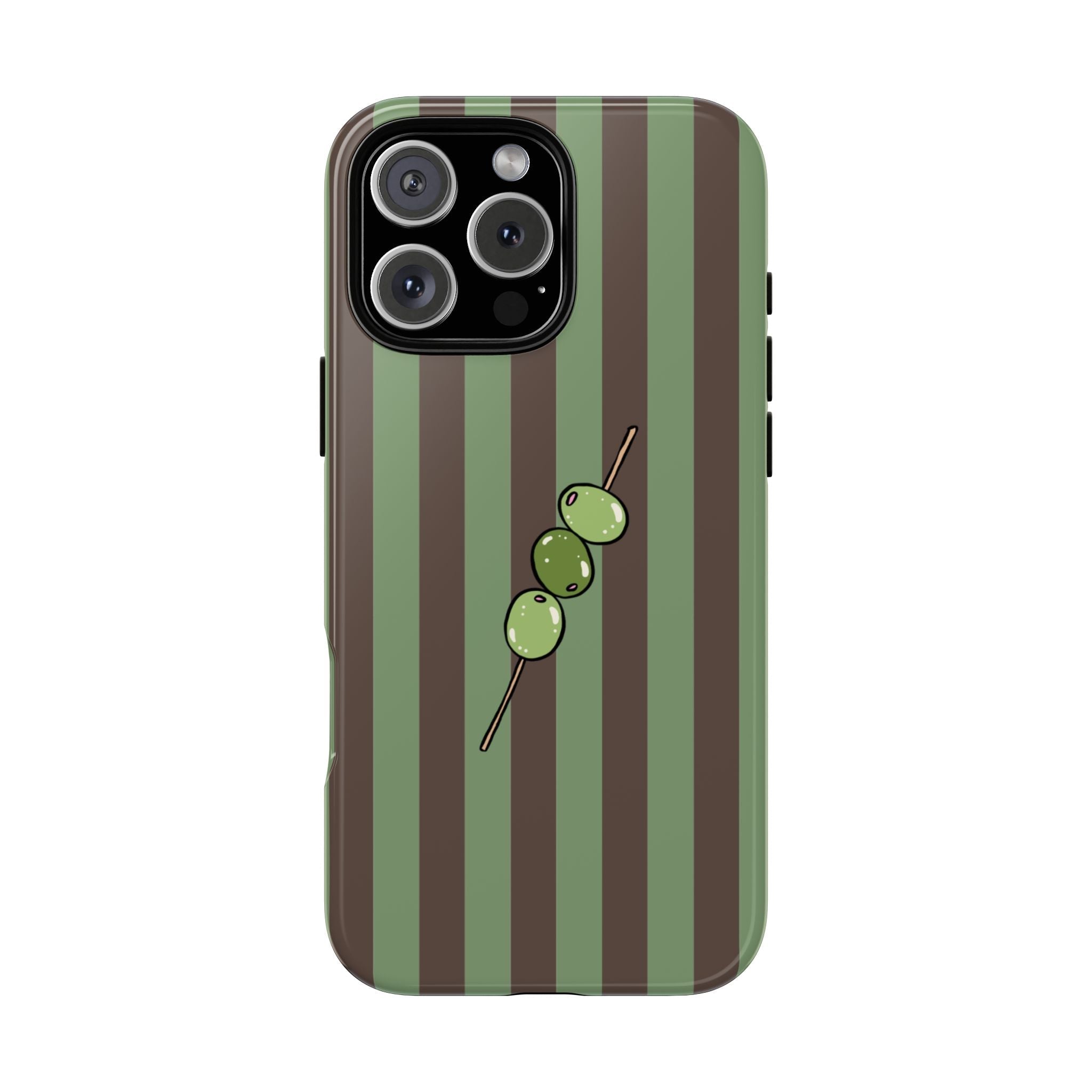 Olives phone case with green olive illustration and vertical olive-and-brown stripes