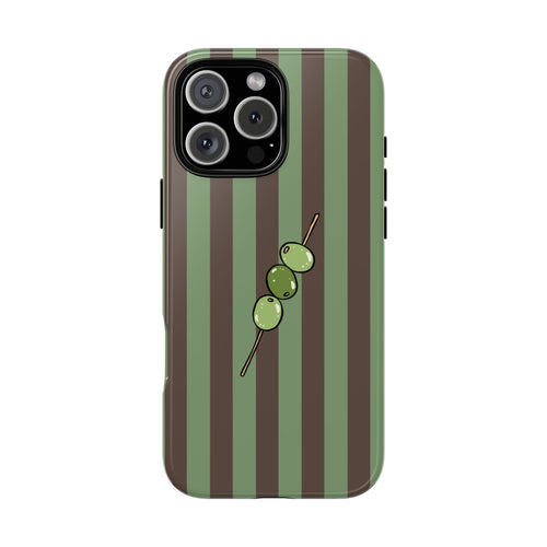 Olives phone case with green olive illustration and vertical olive-and-brown stripes