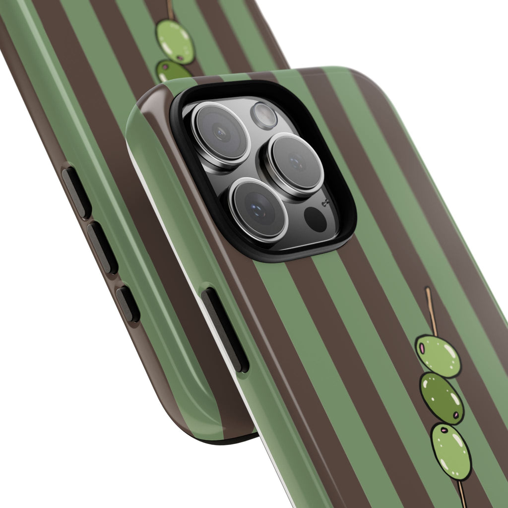 Olives phone case angled side view, vertical stripes and green olive character near cameras