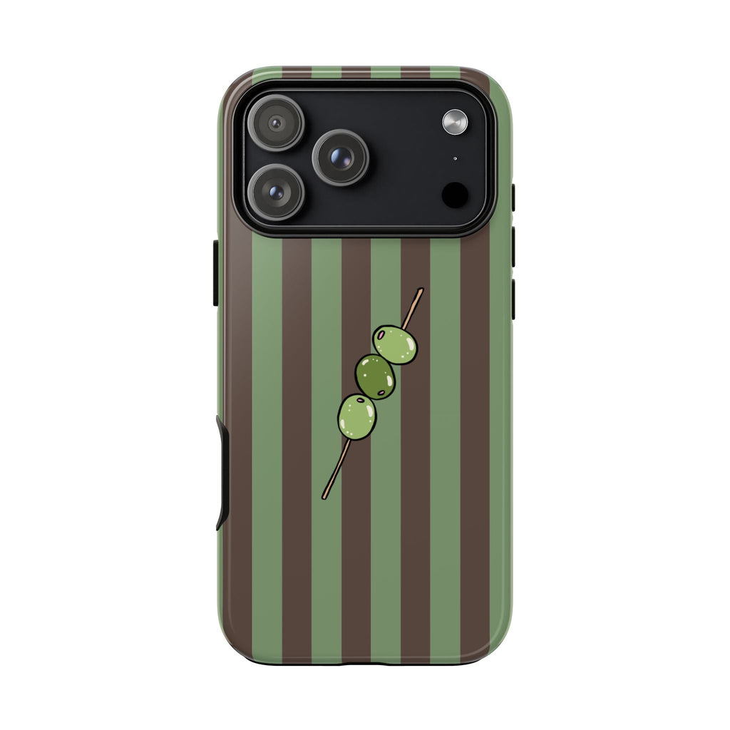 Olives phone case back with camera cutouts, olive-and-brown stripes, olive skewer decal