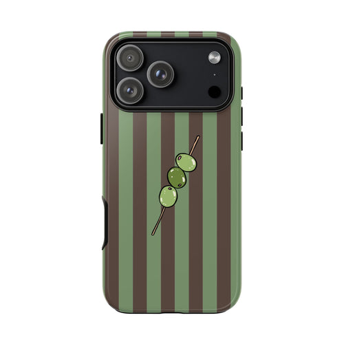 Olives phone case back with camera cutouts, olive-and-brown stripes, olive skewer decal
