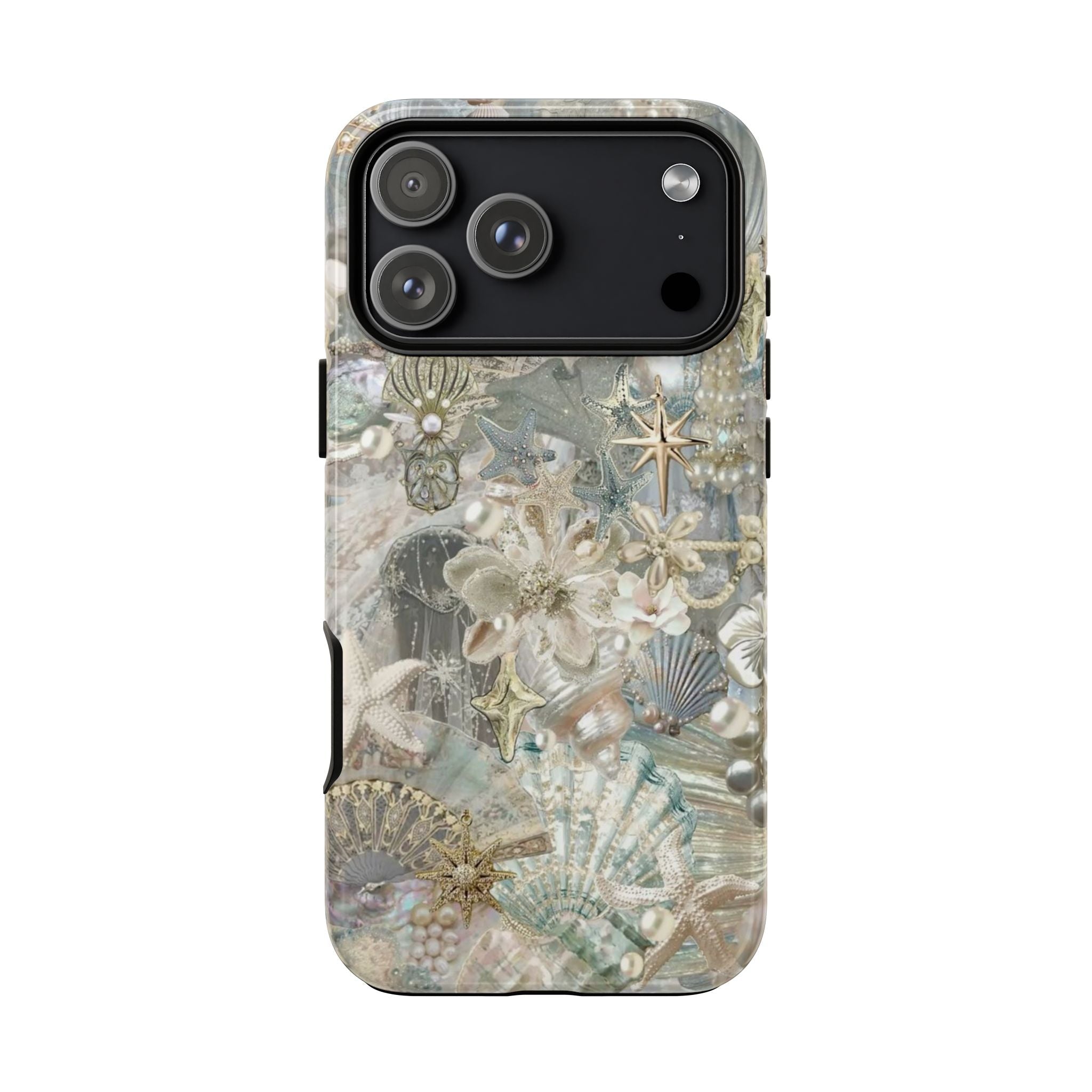 Opal pearl sea shell phone case, glossy clear back with layered shells and pearls