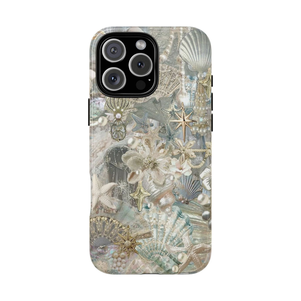 Opal pearl sea shell phone case with starfish and seashell pattern, clear bezel