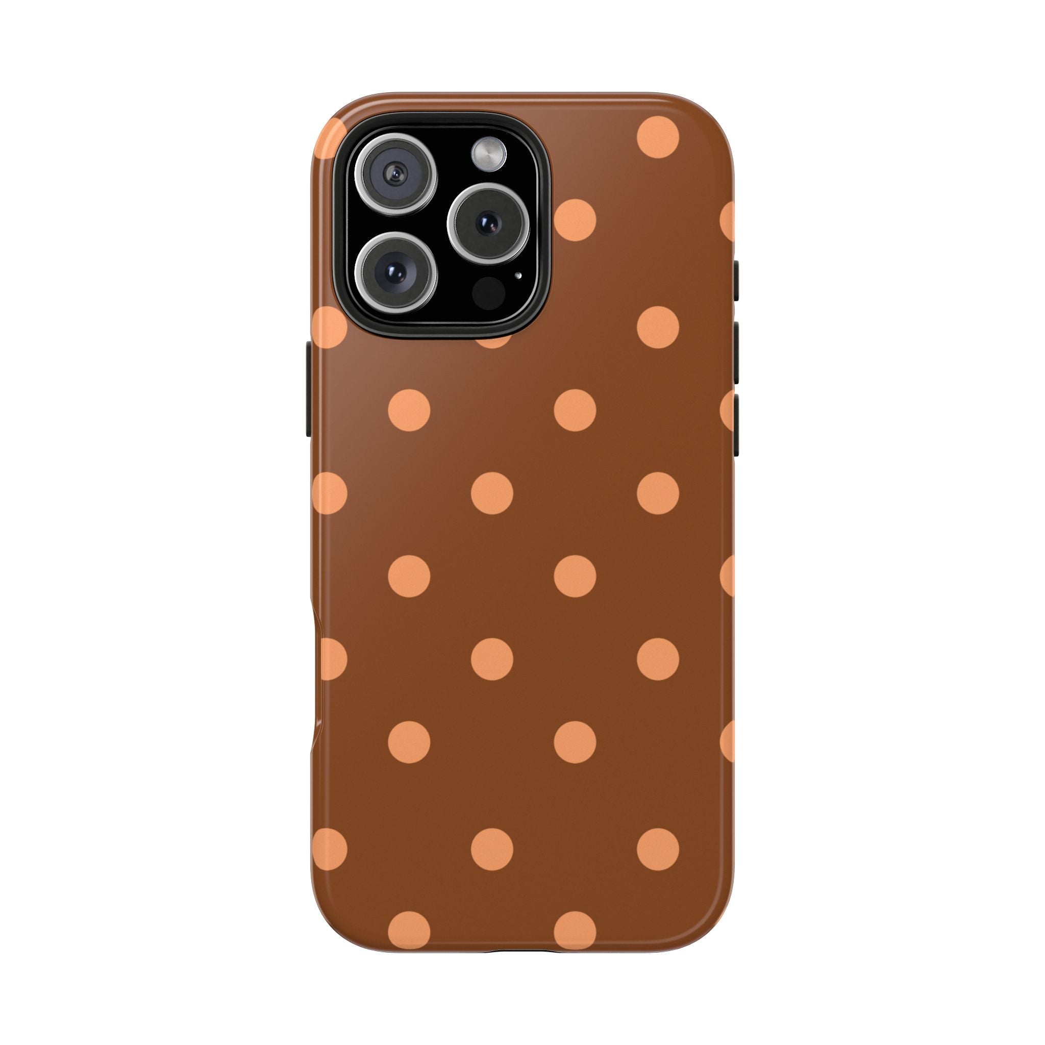 Orange bronze polka dot phone case, brown back with raised camera module