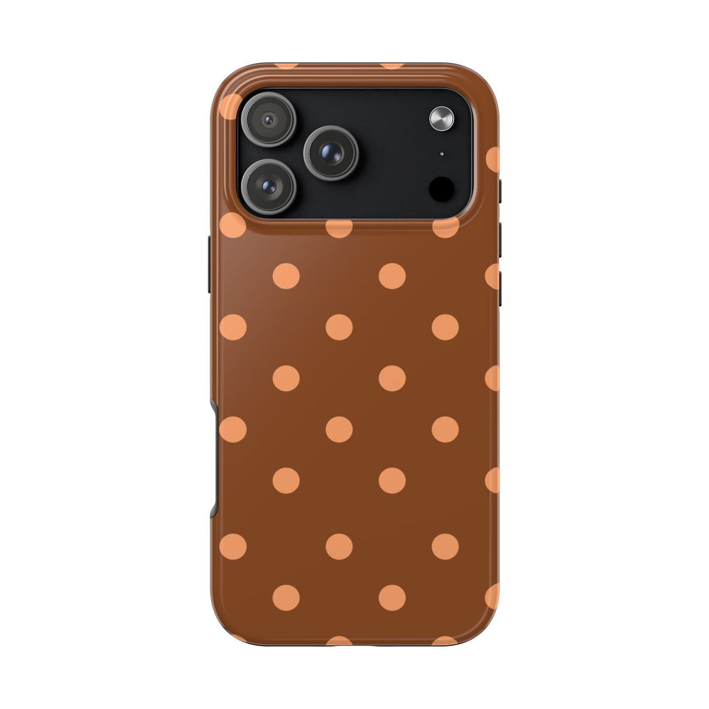 Orange bronze polka dot phone case, brown back with camera cutout