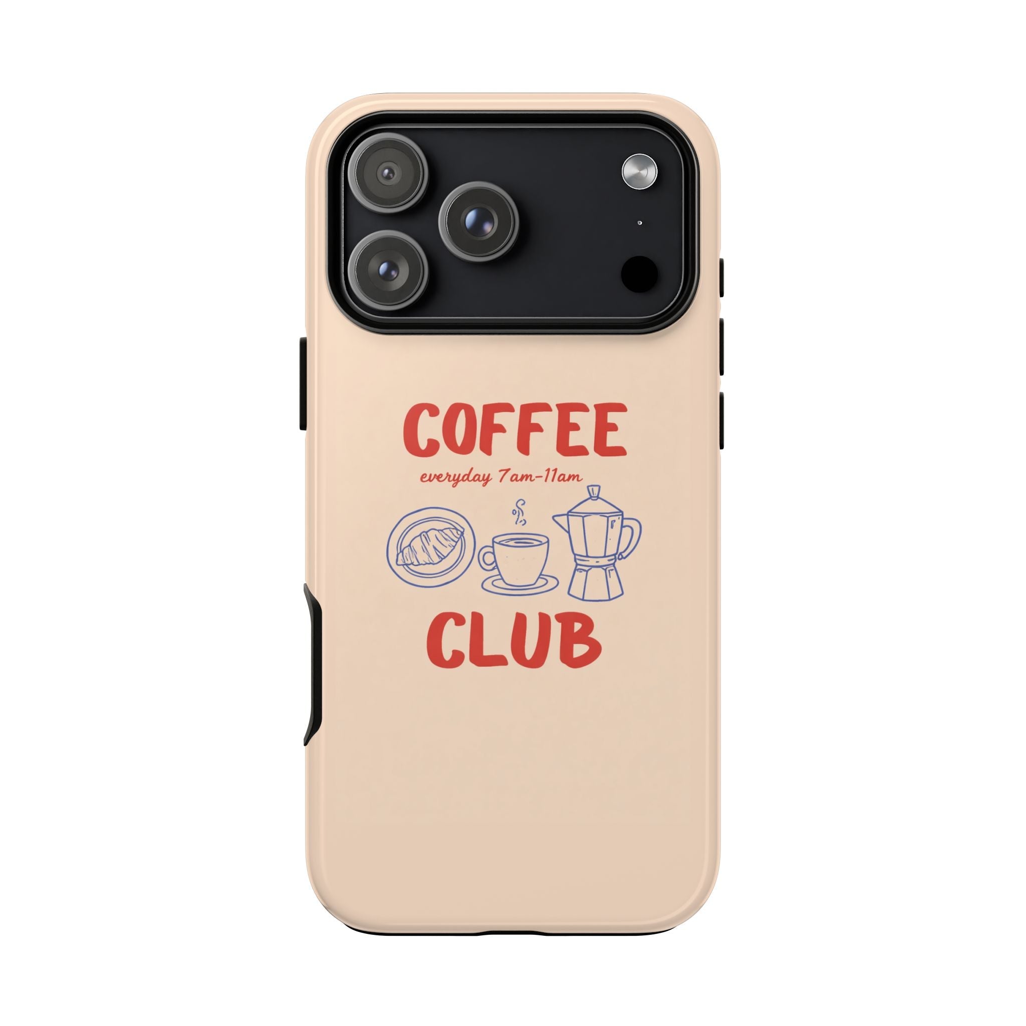 Beige Coffee Club phone case with red “COFFEE CLUB” text and black camera cutout