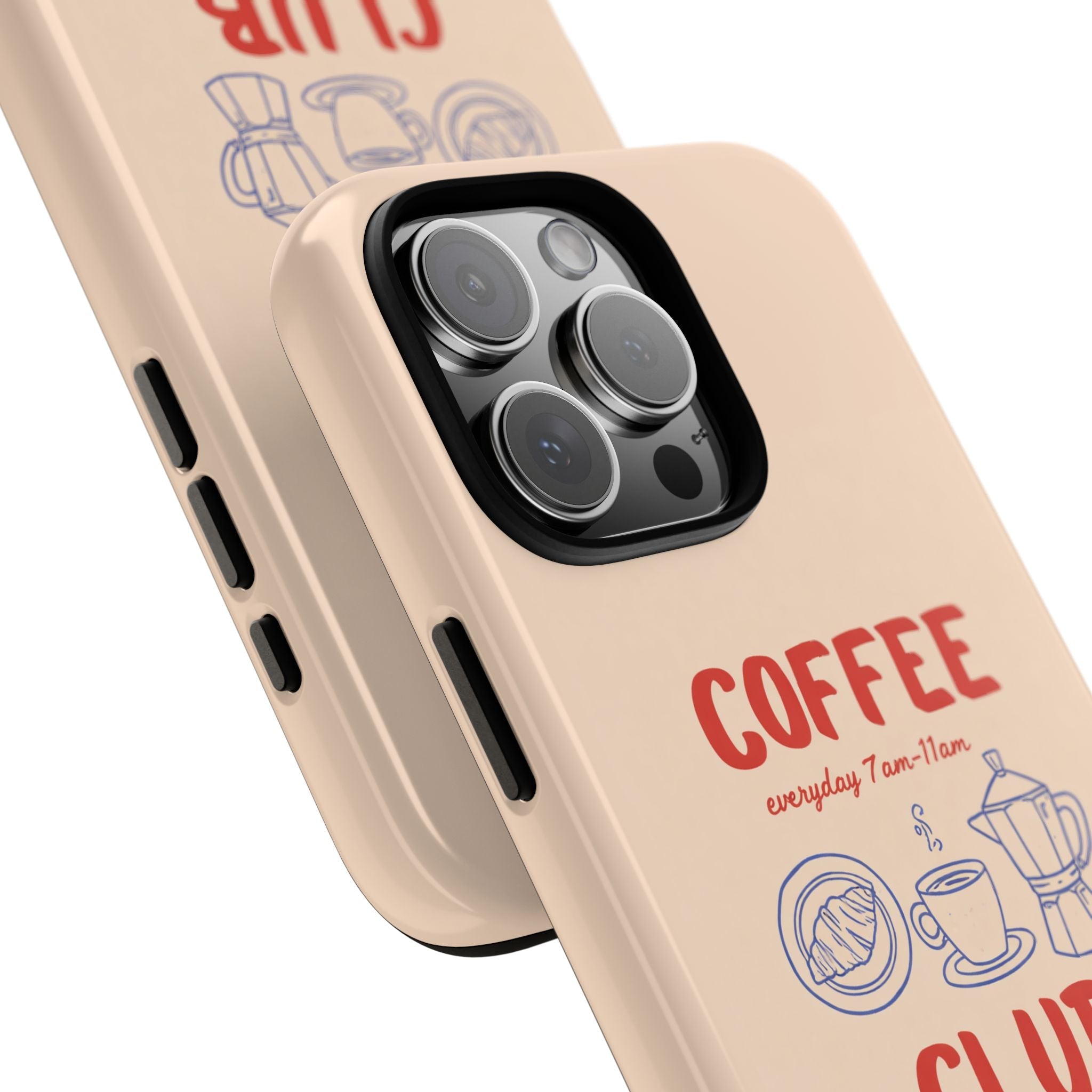 Beige Coffee Club phone case, angled view; red “COFFEE” lettering and blue coffee icon