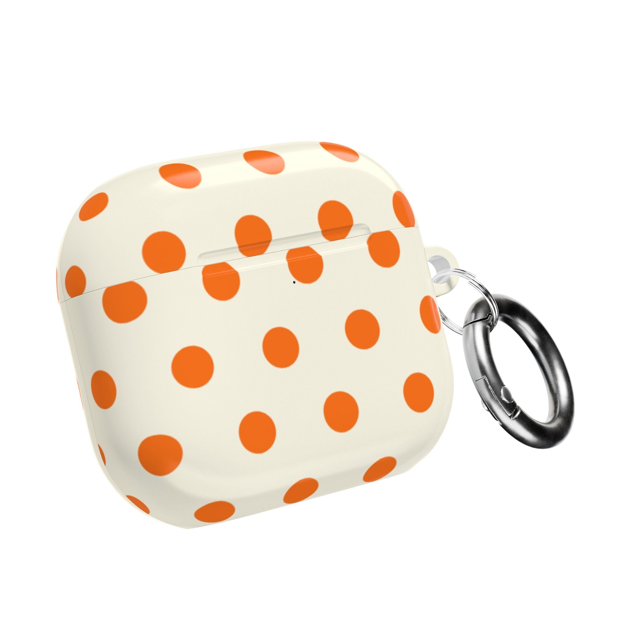 Cream AirPods case with orange polka dots, closed lid and silver key ring