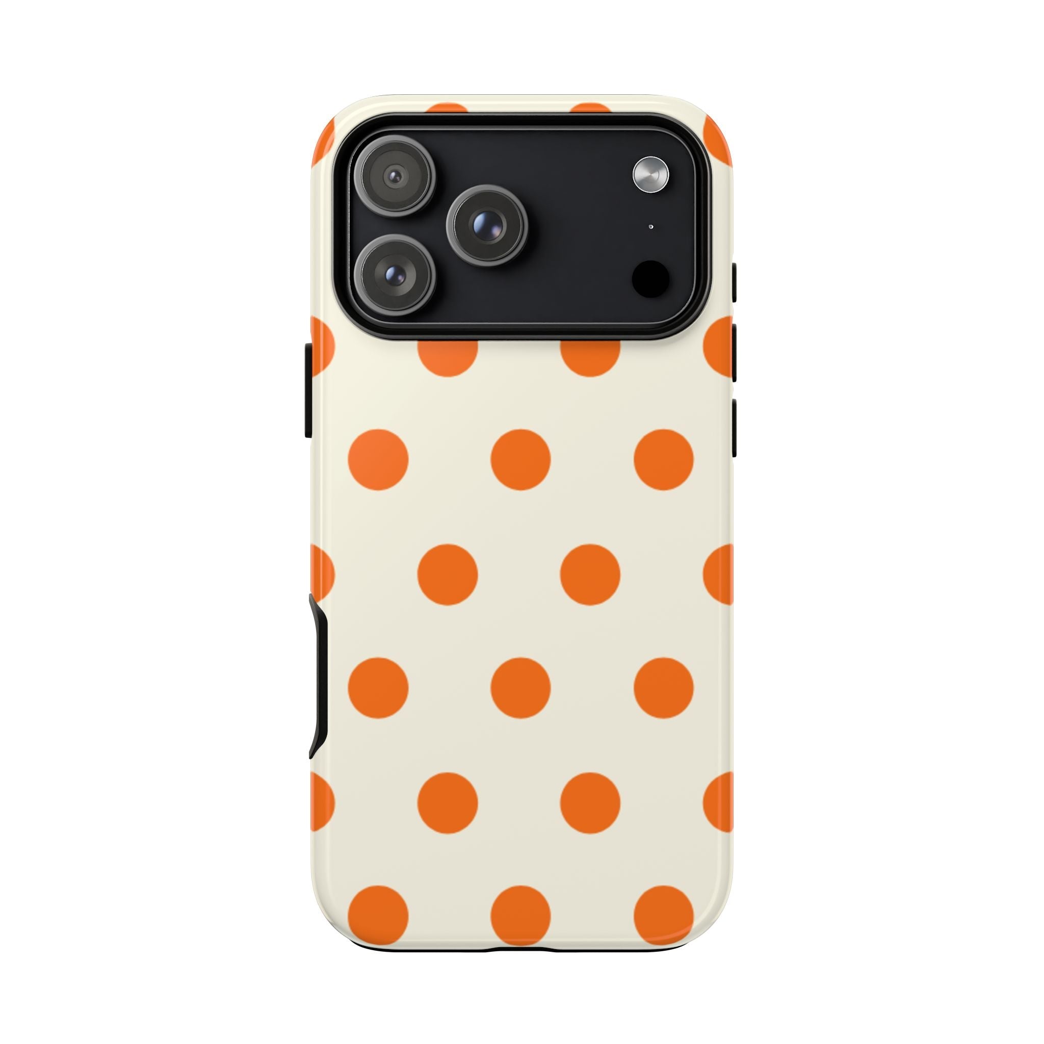 Cream phone case with orange polka dots pattern and raised camera area