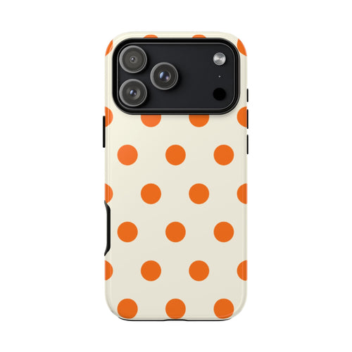 Cream phone case with orange polka dots pattern and raised camera area