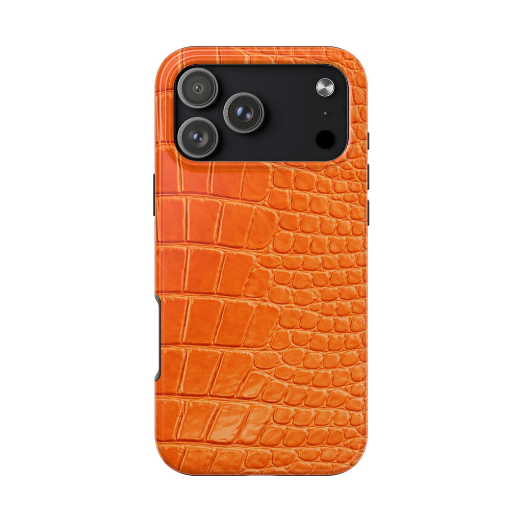 Orange croc-printed phone case with camera cutouts and textured pattern