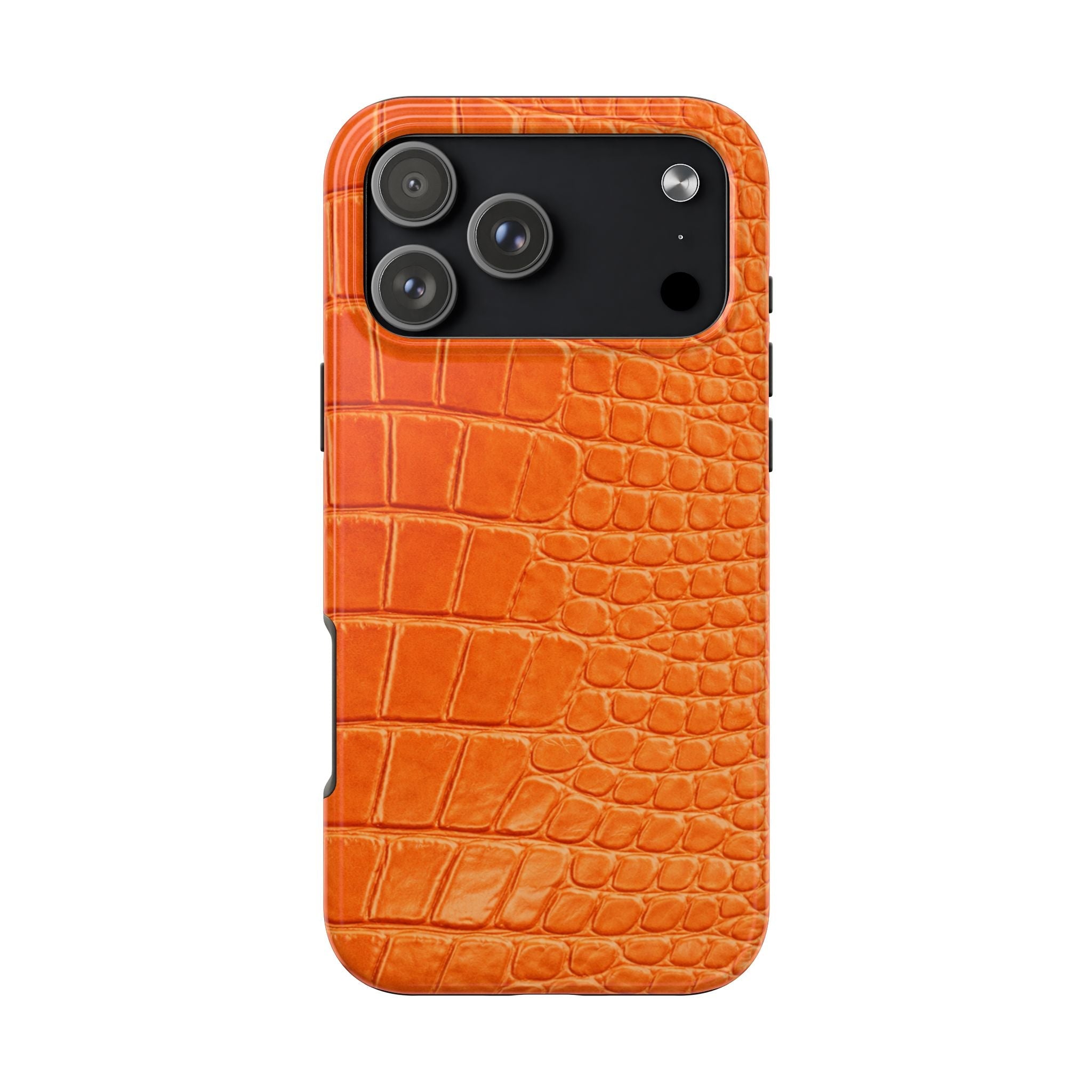 Orange croc-printed phone case with camera cutouts and textured pattern