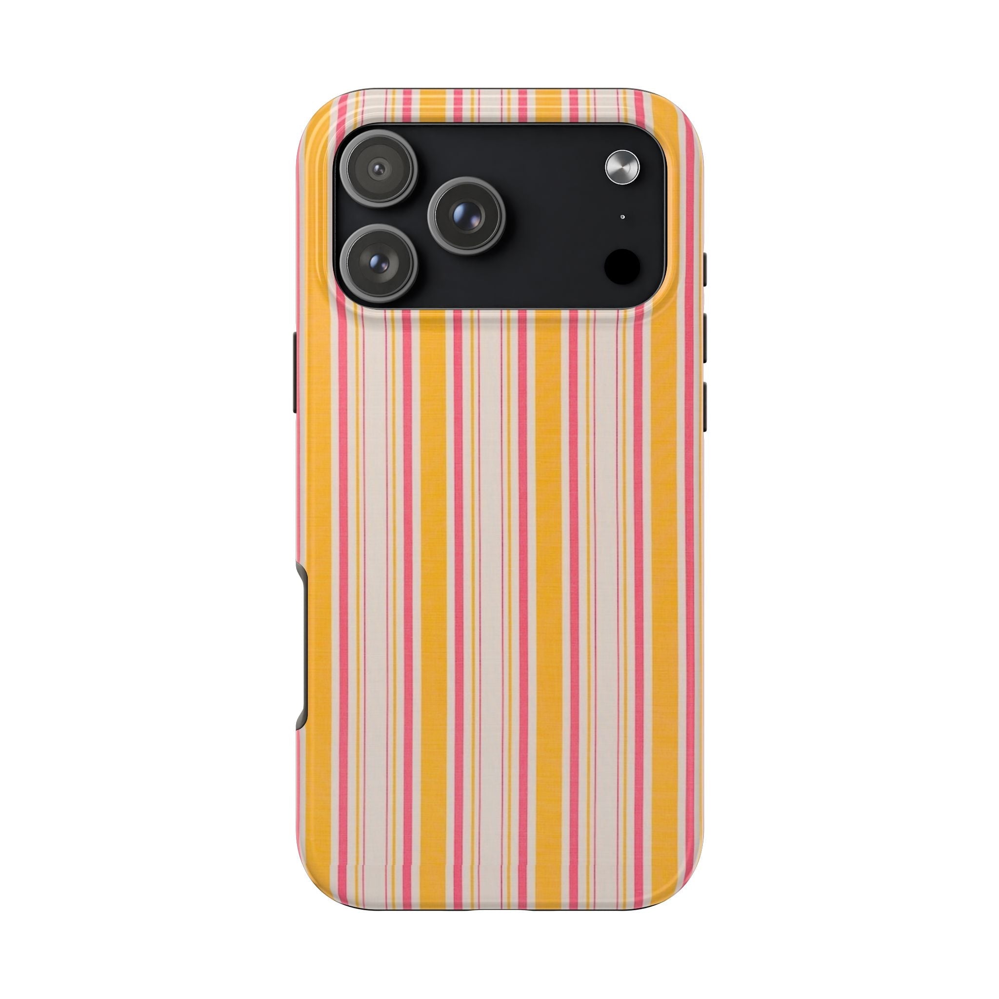 Orange Crush striped phone case with raised camera cutout and side button openings