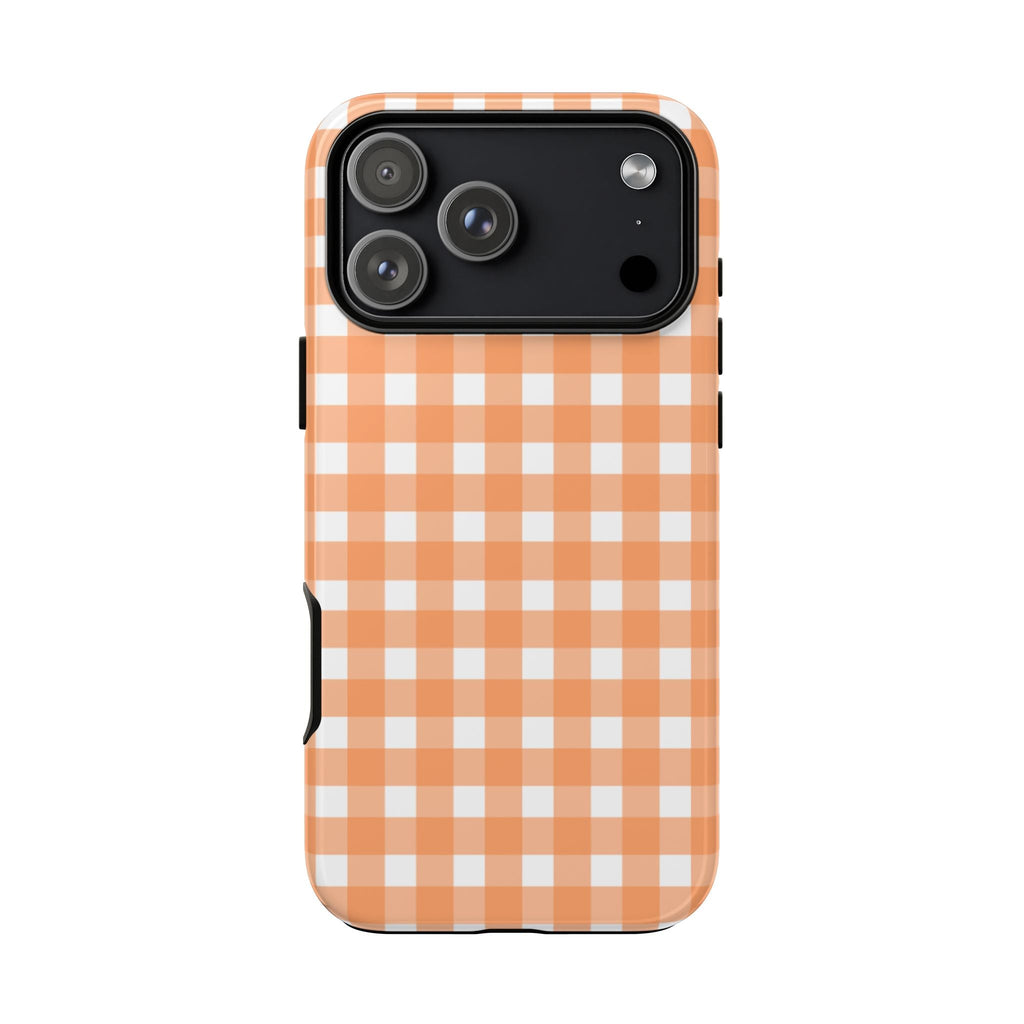 Orange and white gingham phone case back with camera module and flash opening