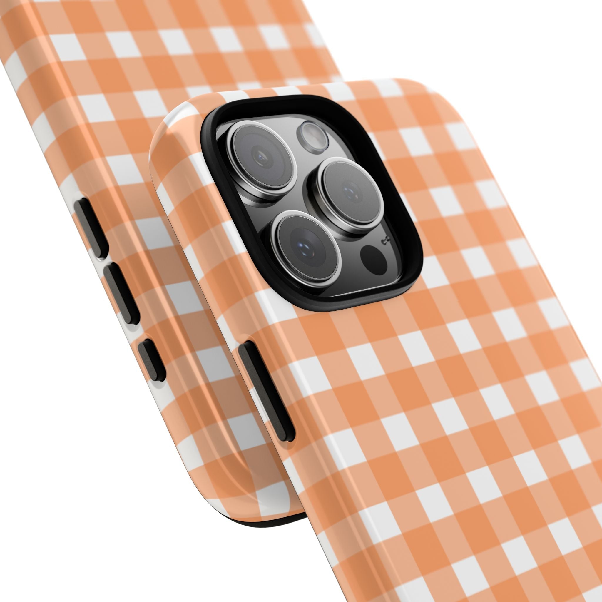 Orange gingham phone case, angled view showing camera lenses and side buttons