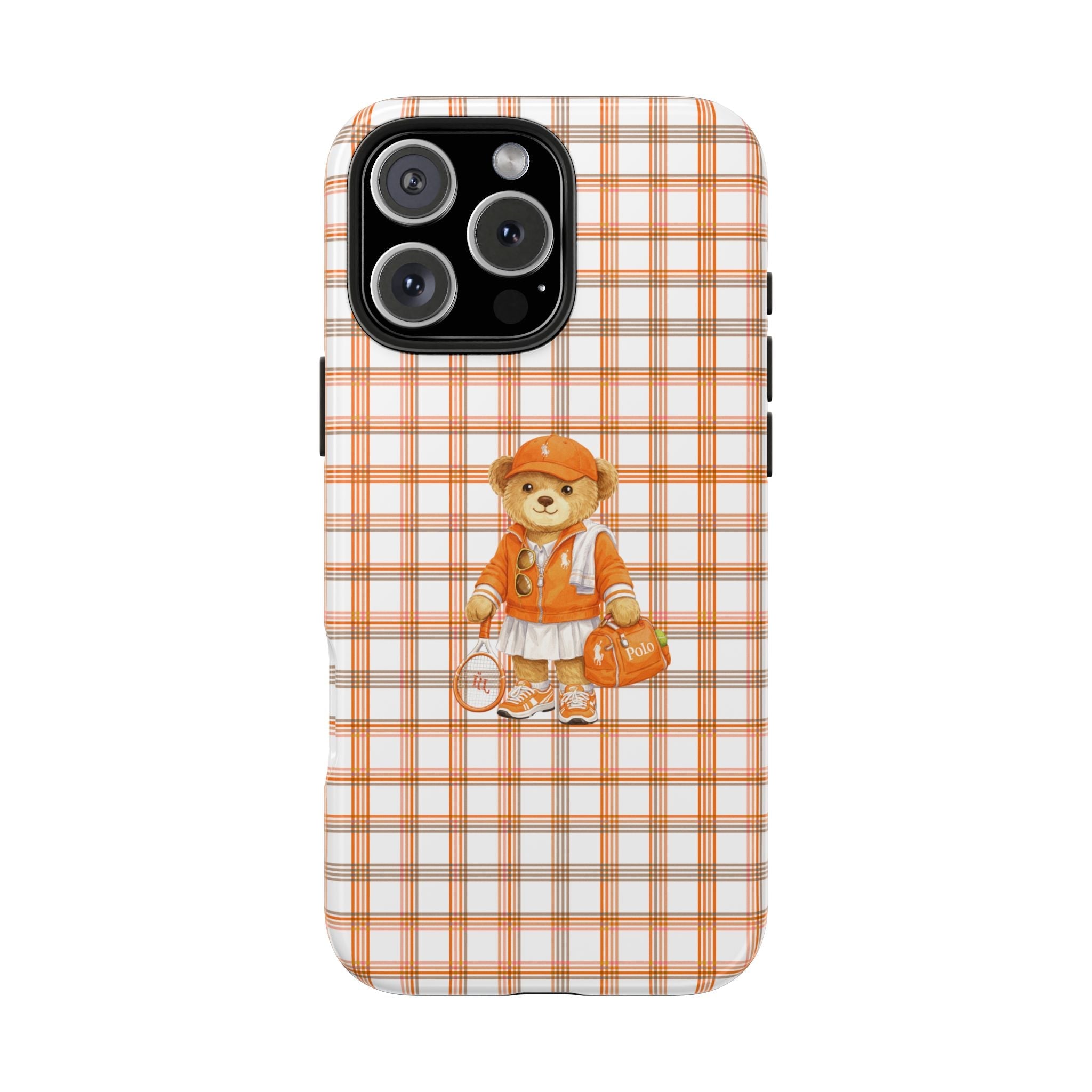 Orange gingham phone case with teddy bear tennis outfit; back camera openings