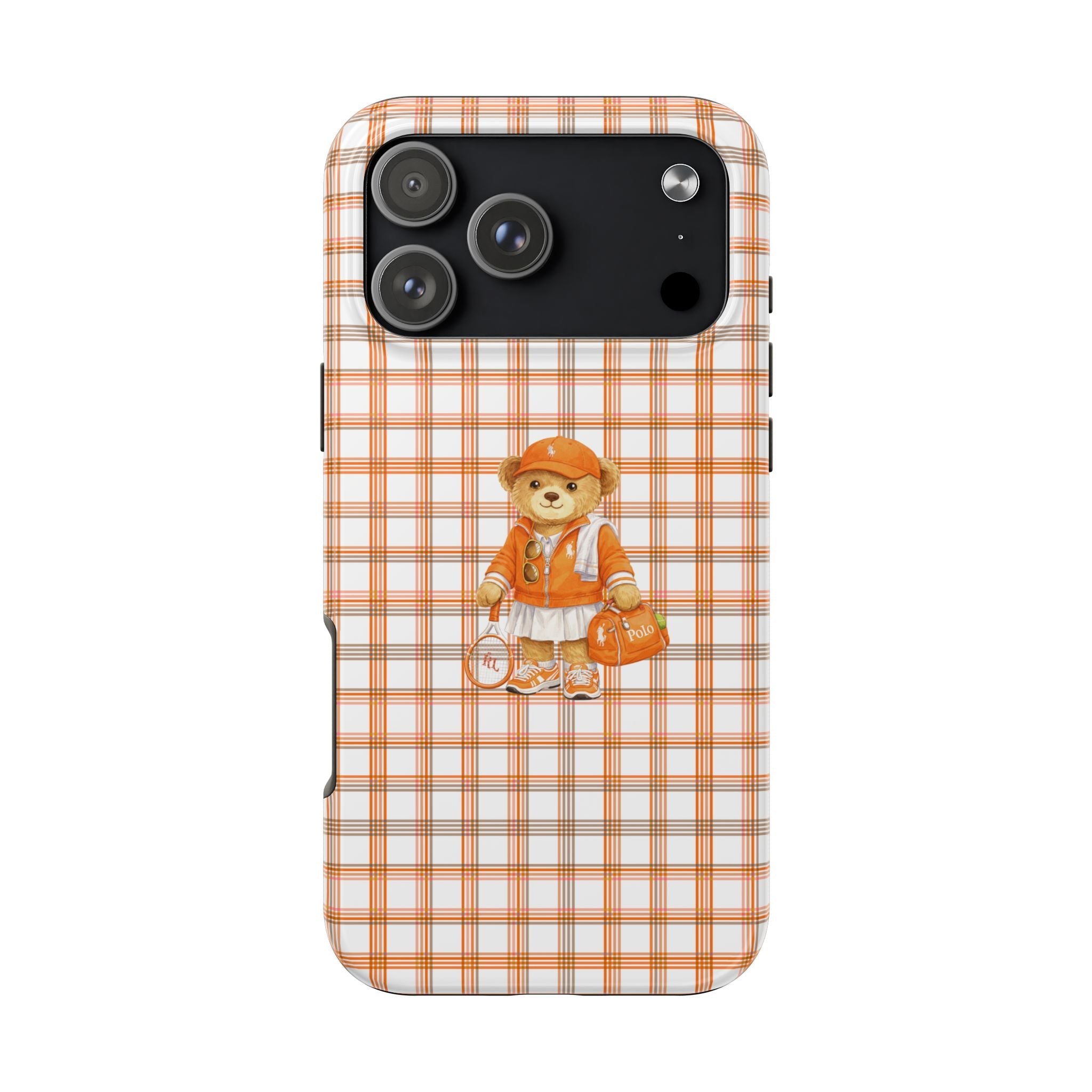 Orange gingham phone case with teddy bear tennis outfit; rear camera openings