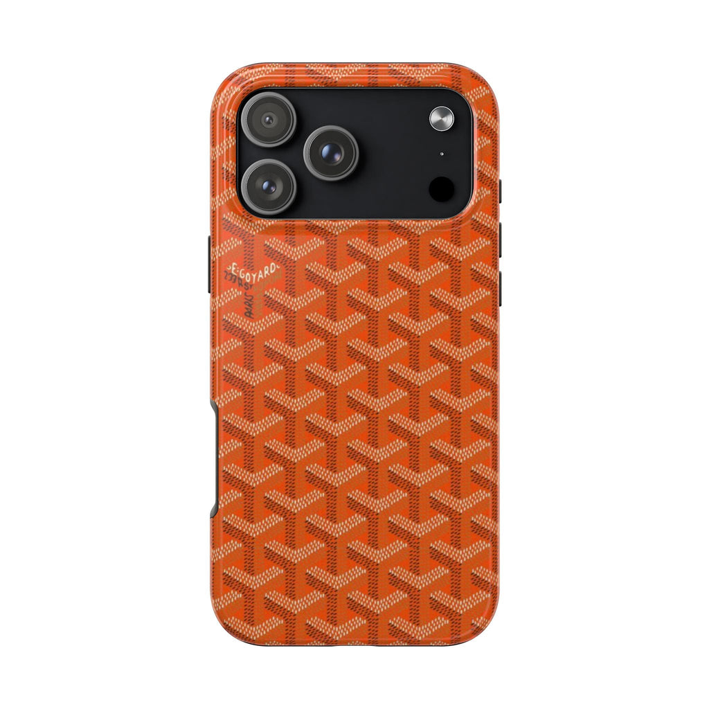 Orange phone case with Goyard-style geometric pattern, camera and speaker cutouts