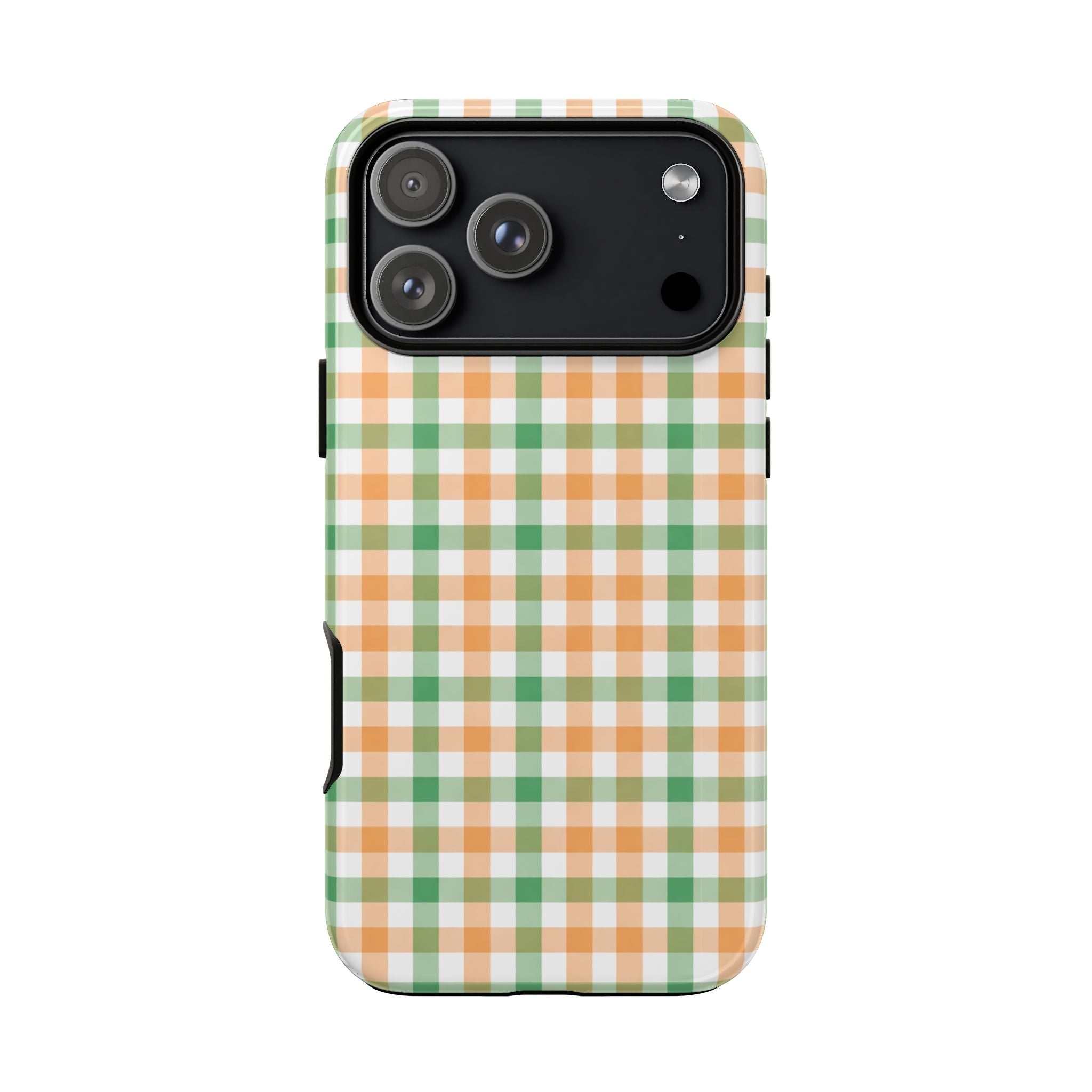 Orange and green gingham phone case, back view with camera openings
