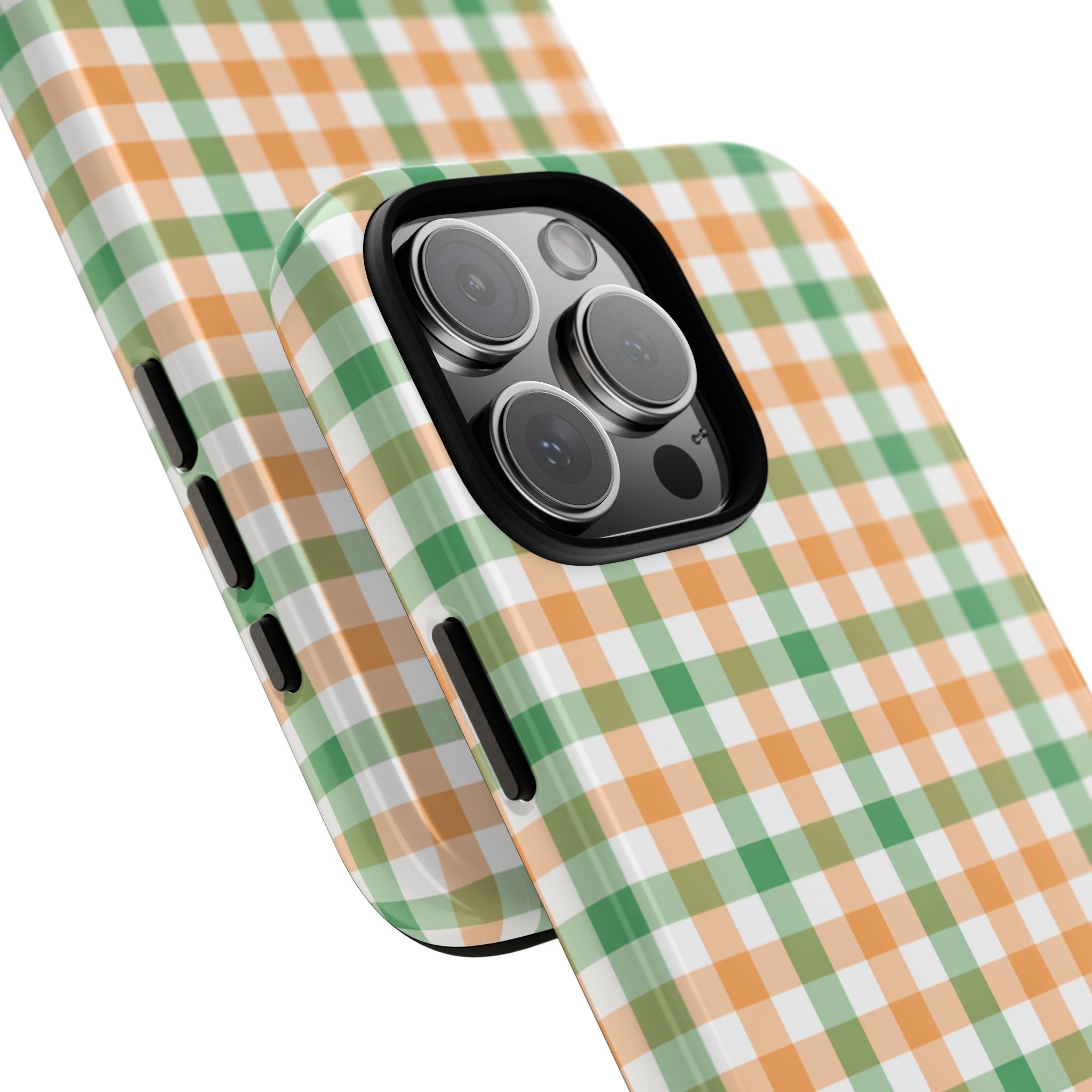 Orange and green gingham phone case corner detail with camera lens openings
