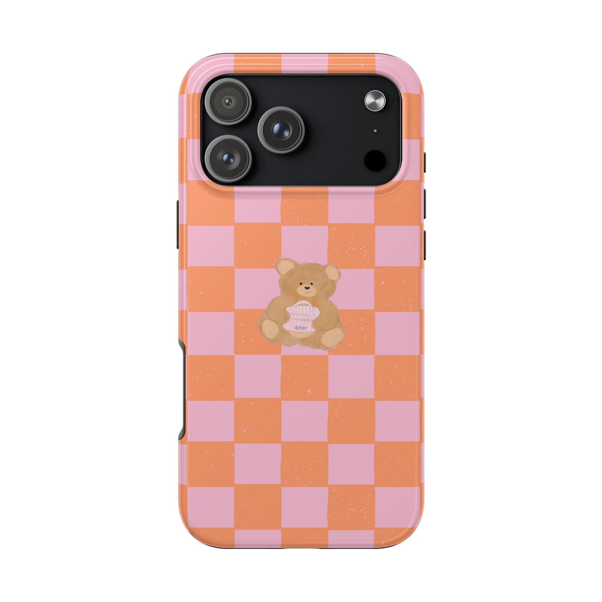 Orange and pink checkerboard vanity teddy bear phone case, visible camera cutout