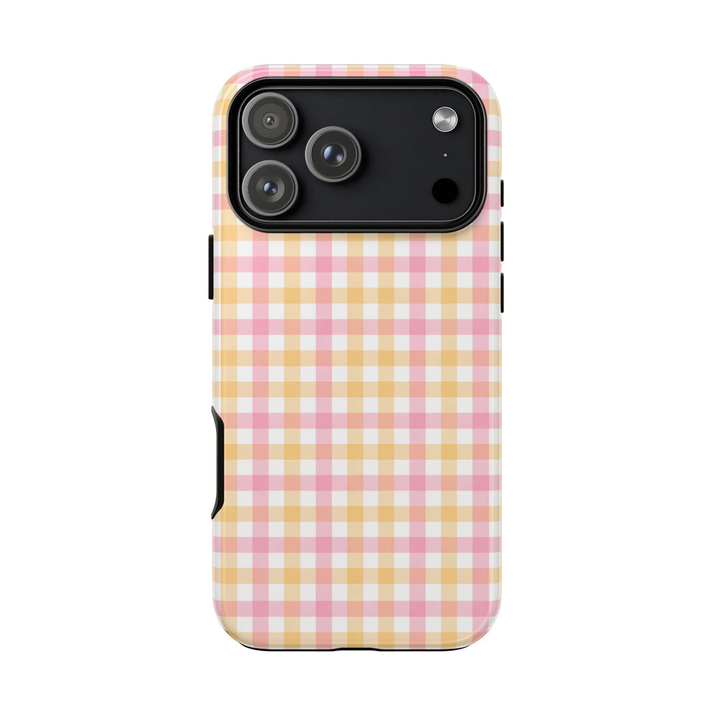 Orange-pink gingham phone case back view, camera lens and flash cutouts