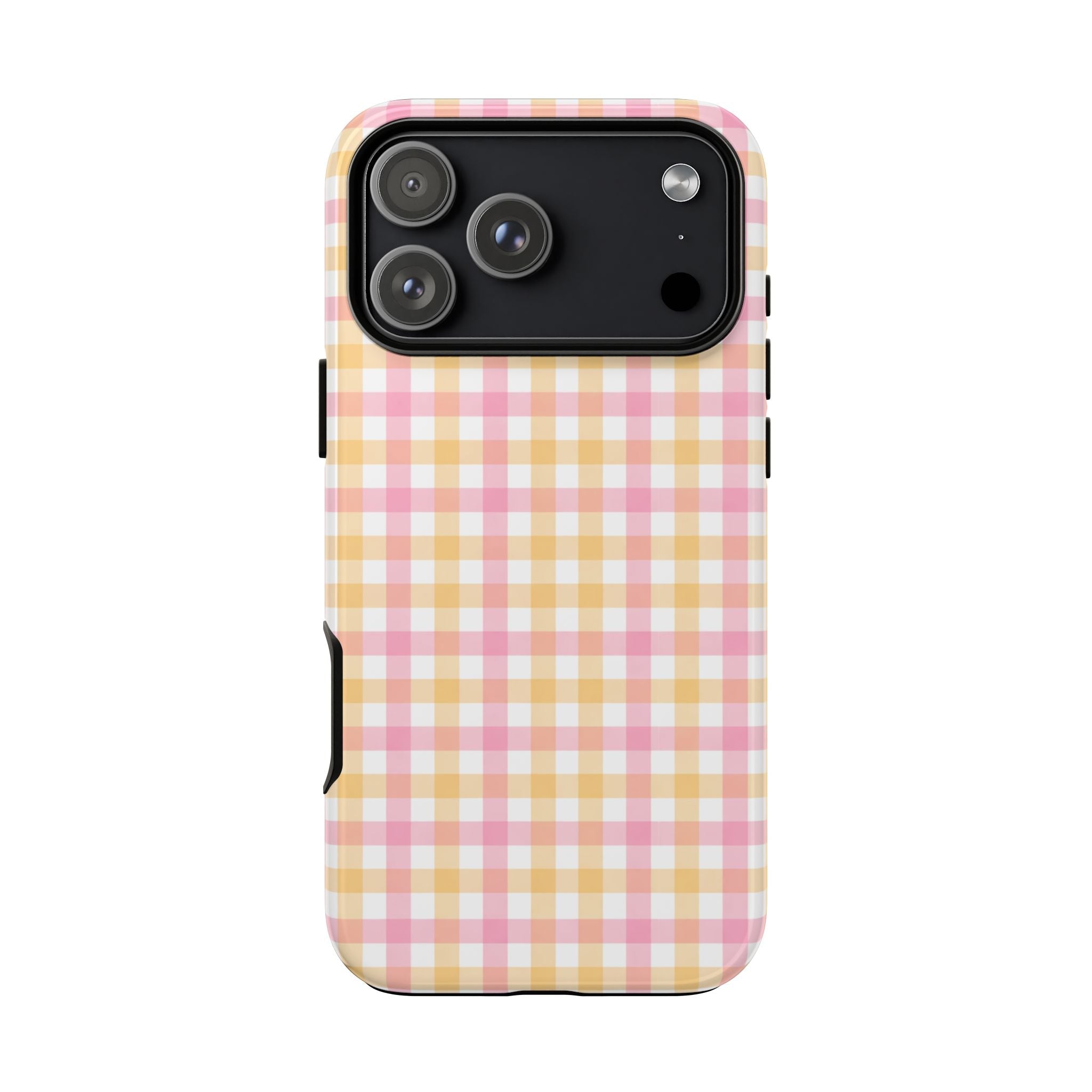 Orange-pink gingham phone case back view, camera lens and flash cutouts